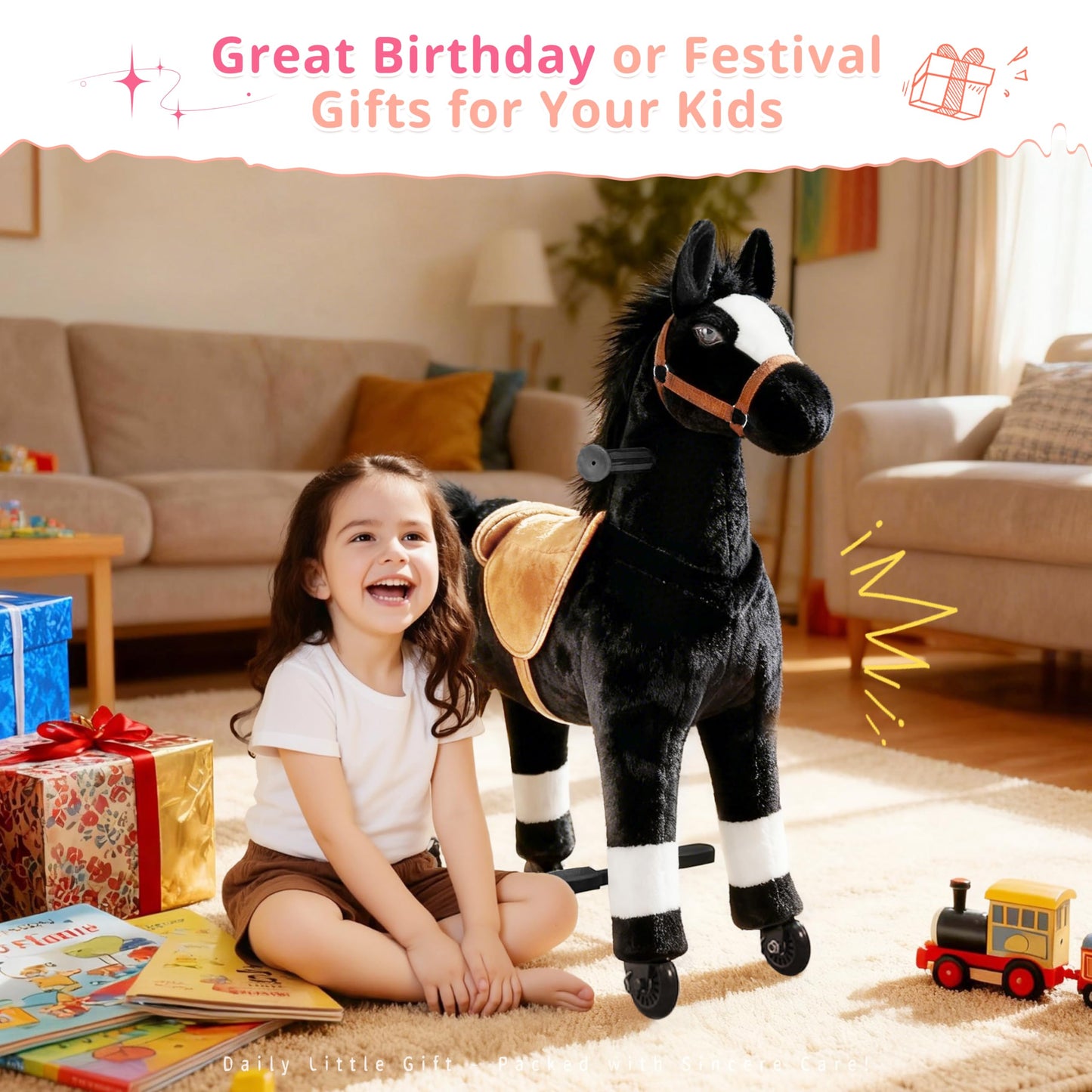 Pipleo Ride on Horse for Kids, (42.5'' Height) Horse Ride on Toy, Riding Horse Rider Mechanical Walking Action Plush Animal for 6 Years Old to Adult, No Battery or Electricity, Max Load 187 LBS - BK