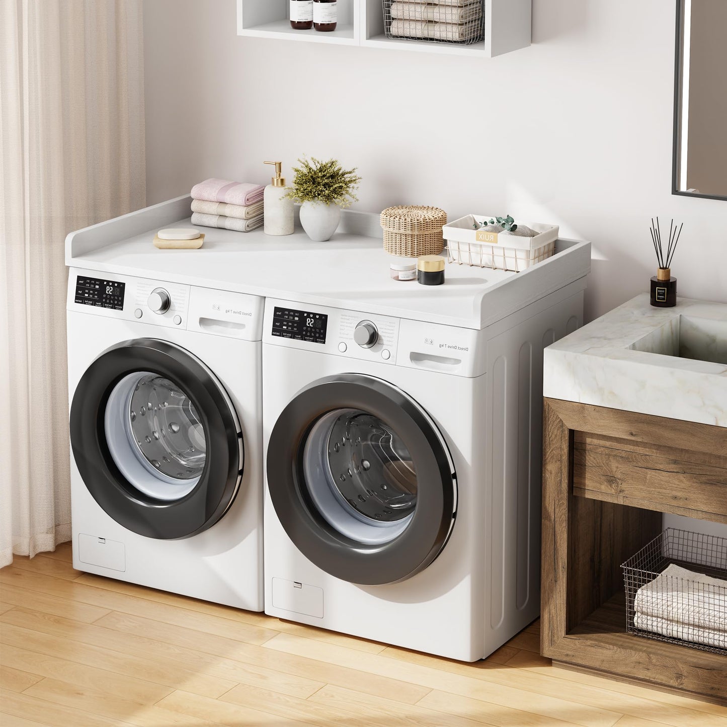 IDEALHOUSE 2-Tier Washer and Dryer Countertop with Shelf or Drawers, Laundry Countertop Cover with Non-Slip Pad, 54"X27.5" Laundry Topper for Folding Clothes Over Washer and Dryer-White