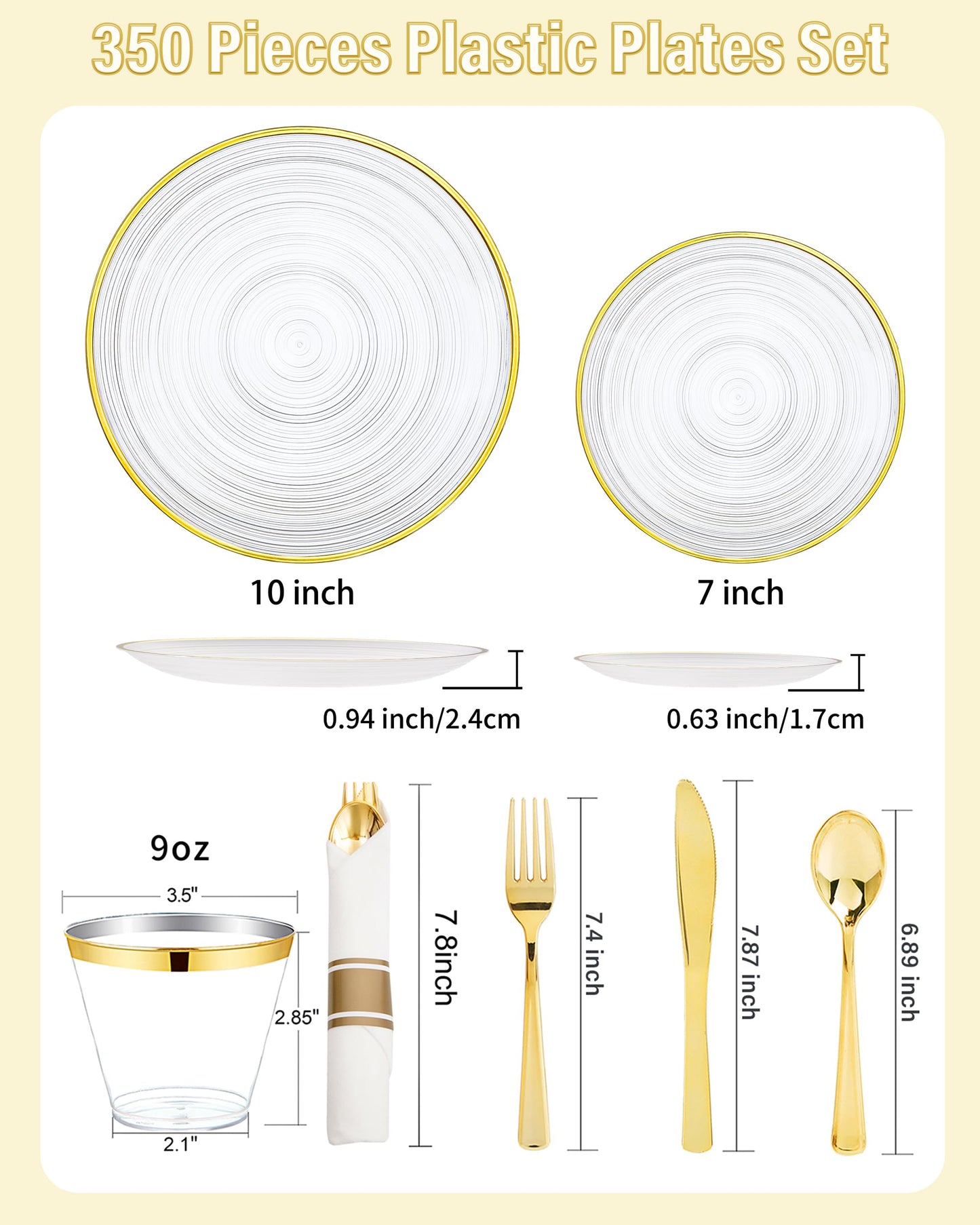 Morejoy 350PCS Clear Gold Plastic Plates - Disposable Gold Party Plates & Pre Rolled Napkins with Cutlery for 50 Guests, 100Plates, 150Silverware, 50Cups, 50Napkin for Party & Mother's Day