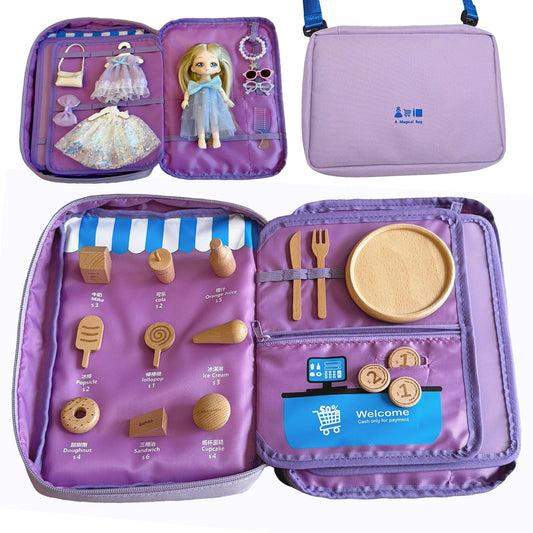 Girls Educational Travel Toy, Convenience Store Cash Register Pretend Play Set with Realistic Play Food, Doll Dress-Up Outfits and Accessories, Portable Kids Toy Storage Bag, Birthday Gifts for 3-8