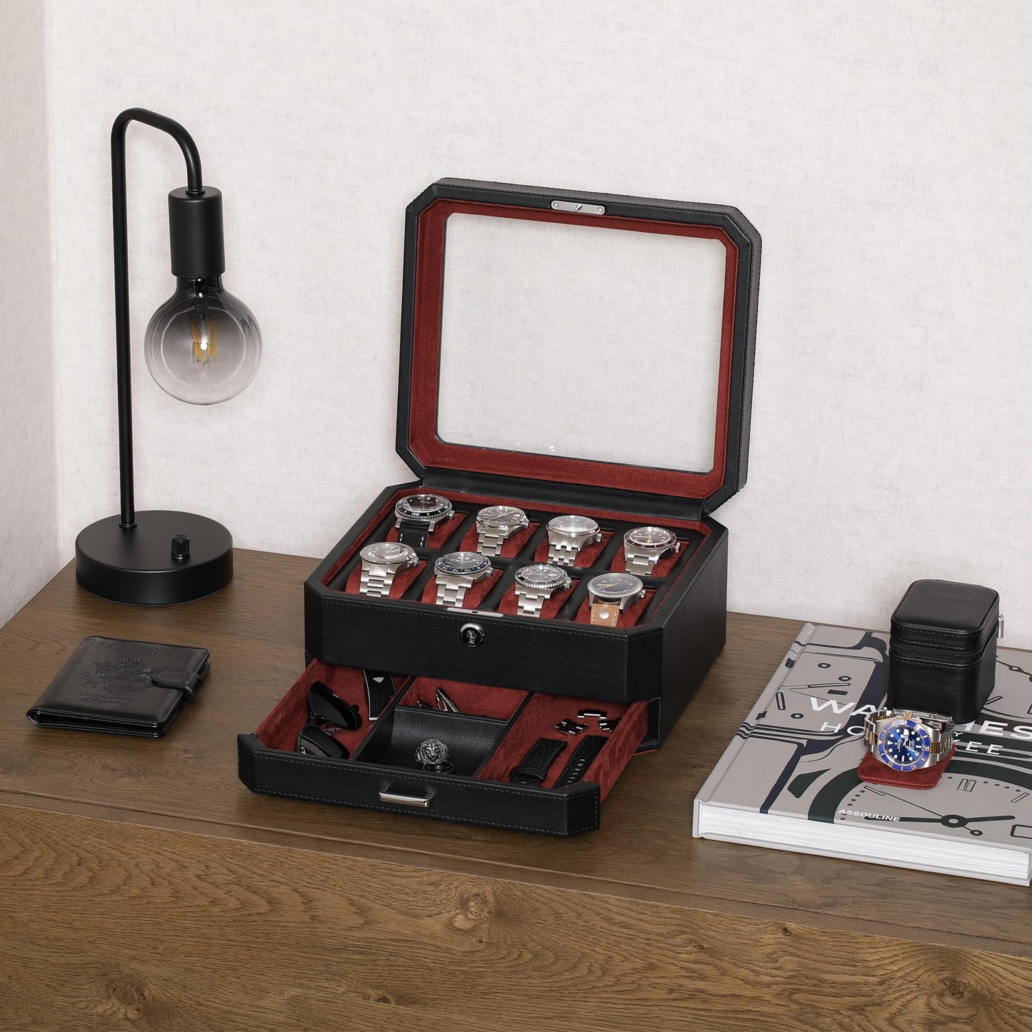 ROTHWELL 8 Slot Leather Watch Box with Valet Drawer - Luxury Case Display Jewelry Organizer, Locking Display Case Holder, Real Glass Top - Watch Box Organizer for Men & Women (Black/Red)