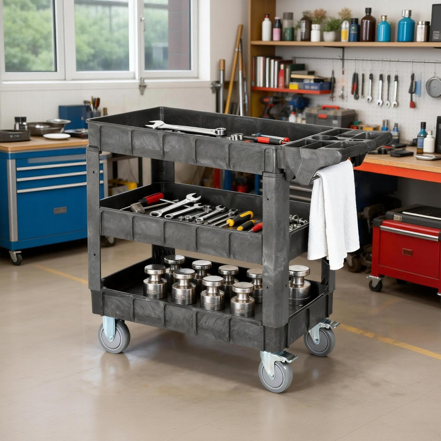 Finnhomy Commercial Grade 3‑Tier Heavy Duty Utility Service Cart 550 lbs Capacity 40.5" x 17.3" x 34.1" Rolling Cart with 5" Swivel Casters and Polypropylene Shelves, Dark Gray