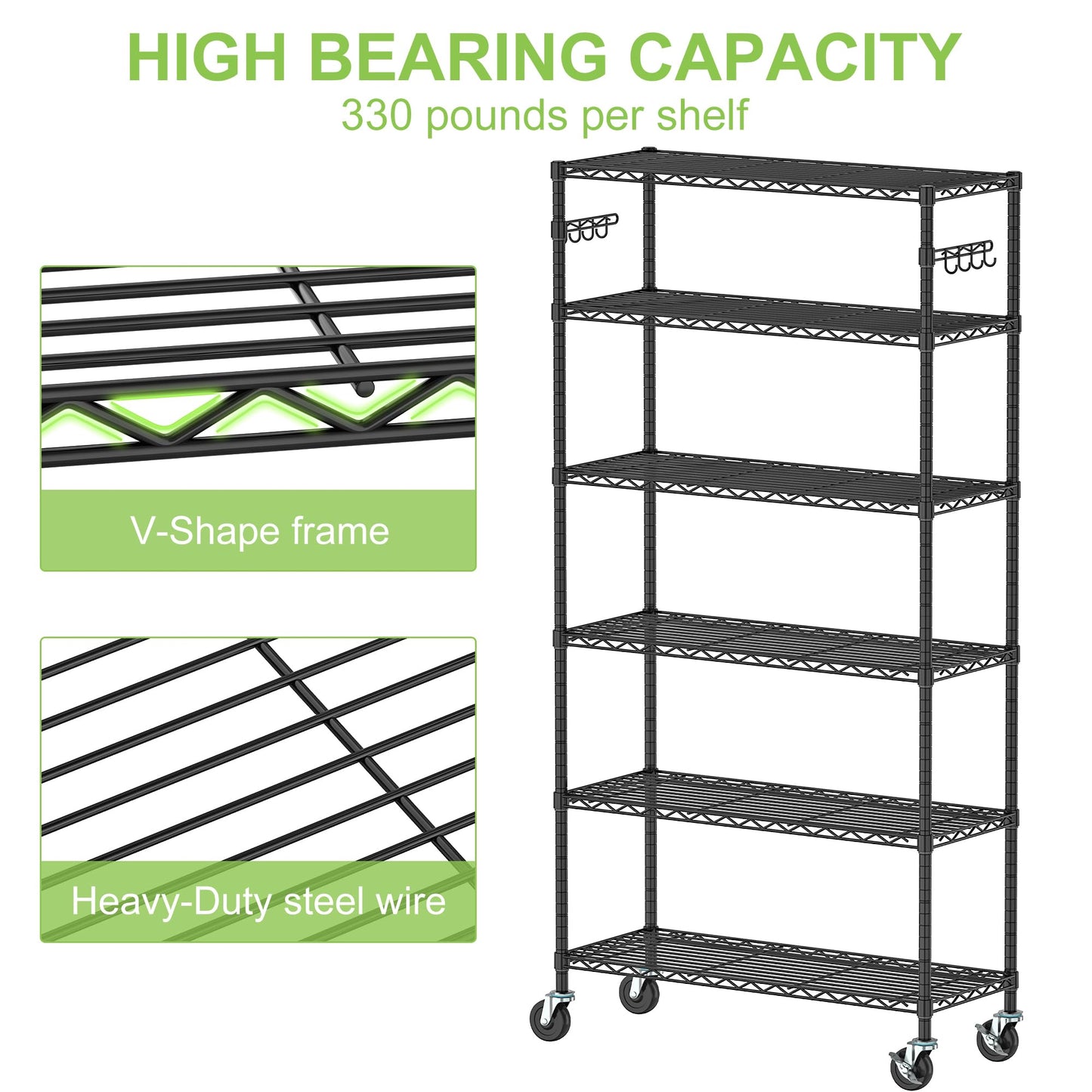 Alexayhome Heavy Duty Wire Metal Shelving with Wheels 6 Tier Garage Storage Utility Rolling Shelves Rack Unit Industrial Adjustable Sturdy Shelving for Kitchen Garage Pantry Bathroom Laundry