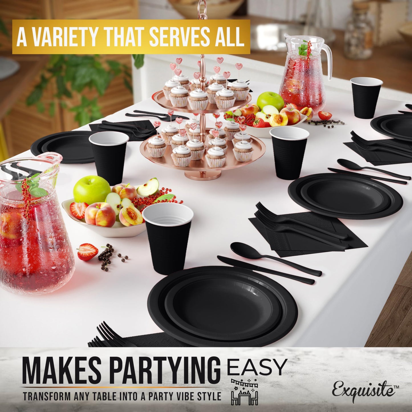 Party Solids 222 Pcs Black Paper Plates and Napkins Sets, Disposable Plates For Party, Lunch & Cocktail Napkins Paper, 18oz Plastic Cups, Cutlery and Black Table cloth Plastic Dinnerware Set