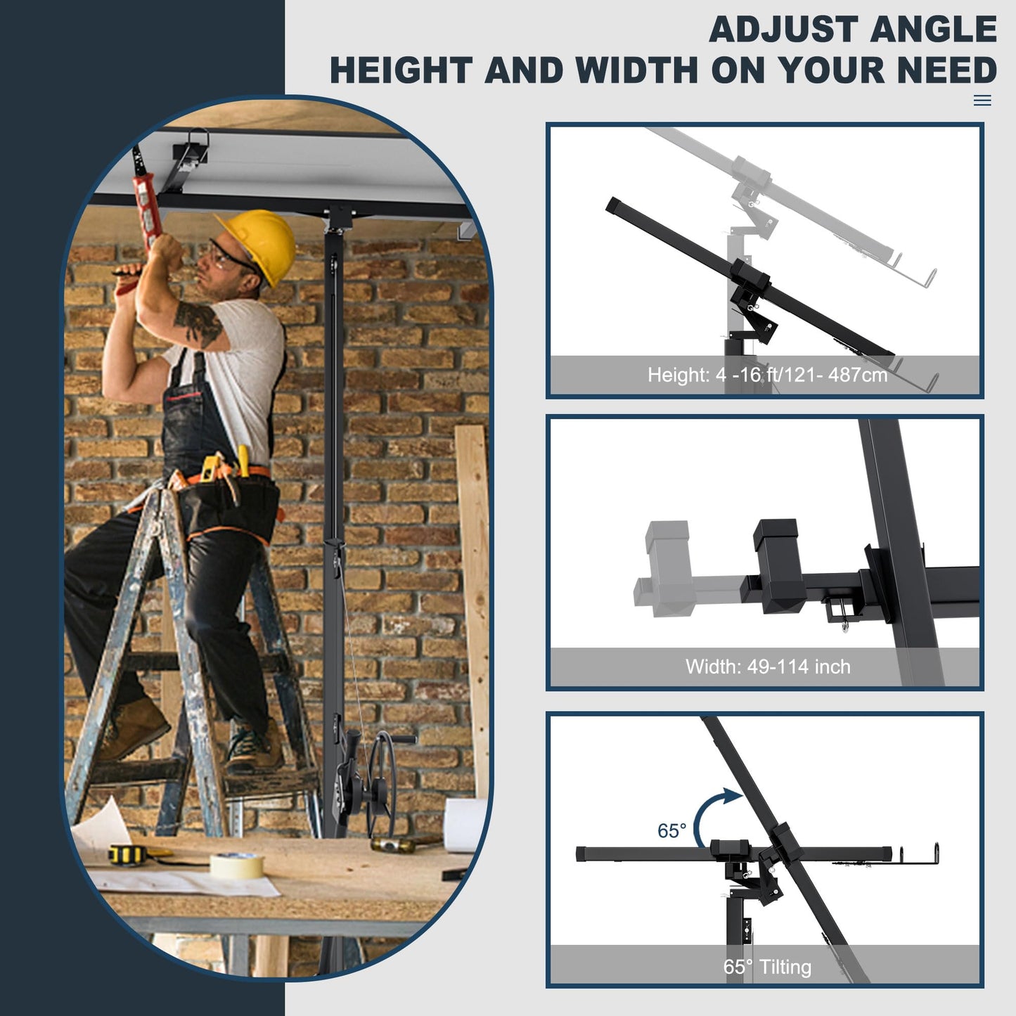 Drywall Lift 16 Ft,Drywall Rolling Lifter Panel,150LBS Heavy Duty Sheetrock Hoist Panel Hoist Jack With 360° Adjustable Telescopic Arm & 3 Lockable Wheels