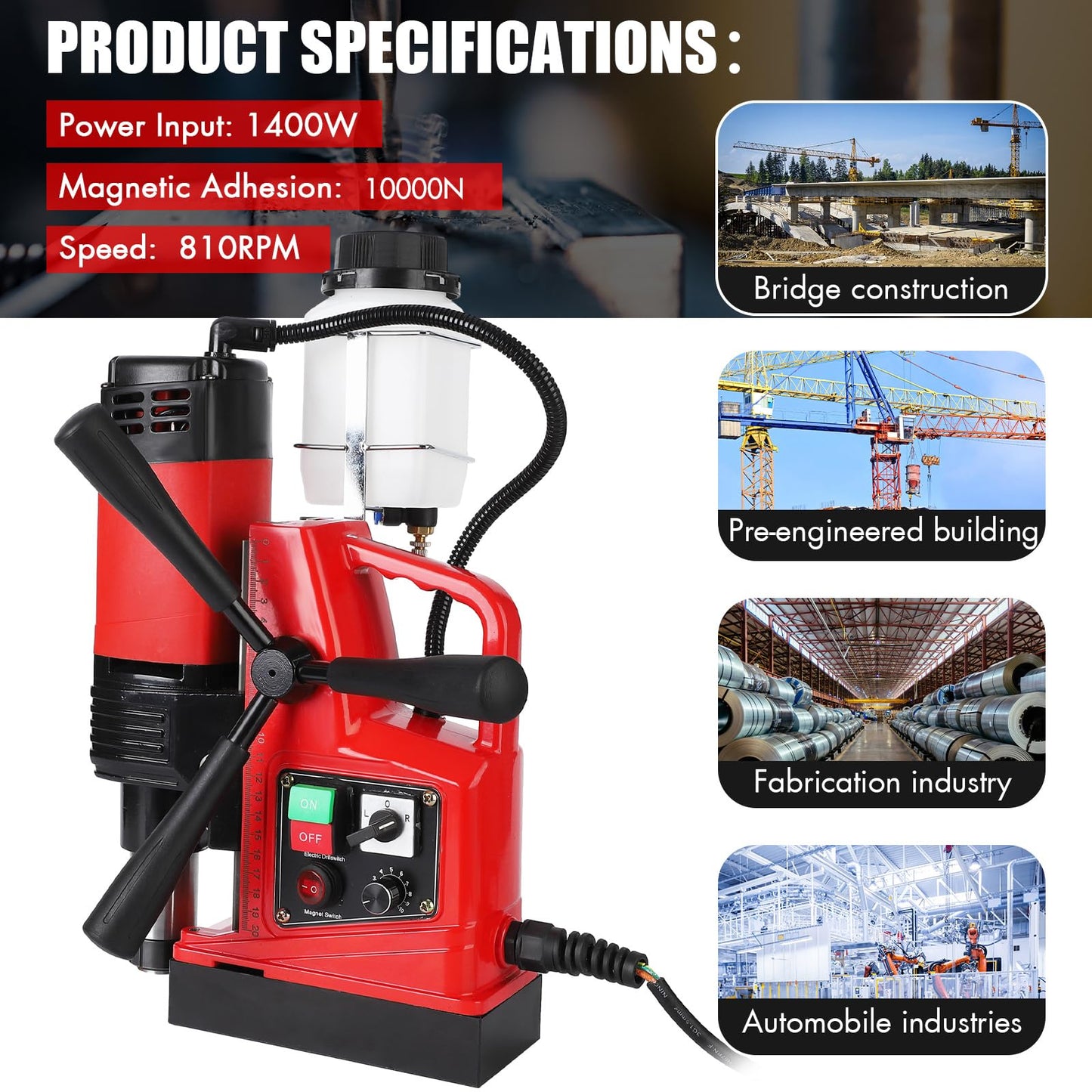 PeakPursuit Mag Drill Press, 1400W 810RPM Portable Magnetic Drill Press, 2 Inch Boring Diameter, Double Track, Electric Drilling Machine with 6Pcs Drill Bits, for Industrial and Home Improvement