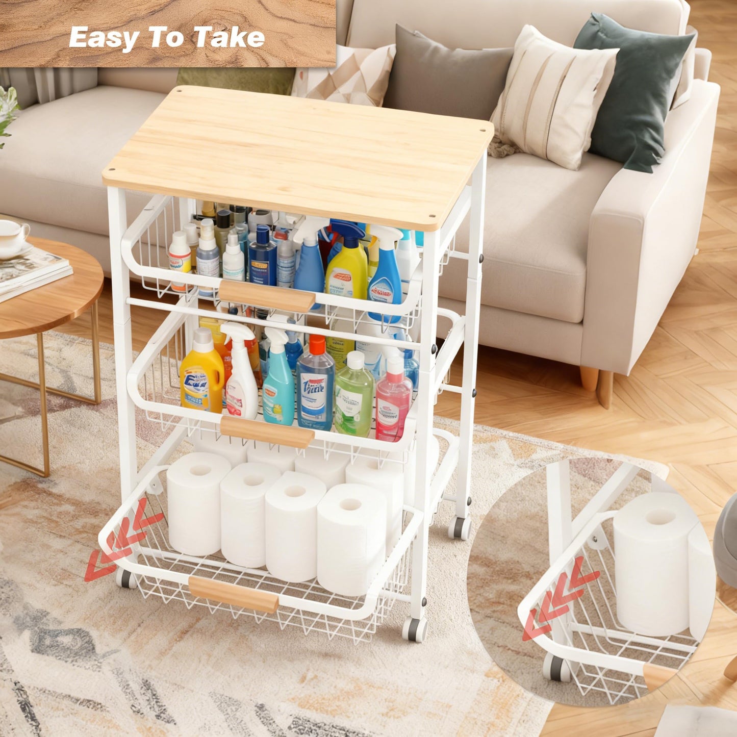 ULIKEUS 5-Tier Rolling Pantry Floor Storage Cart with Wheels&Wood Top, Large Capacity Kitchen Organization Fruit Wire Basket Stand for Pantry, Bathroom, Living Room,White