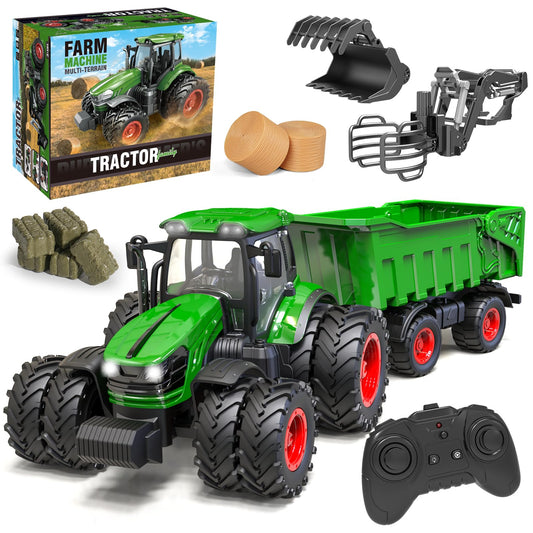 YKTrevok Remote Control Tractor Toy with Trailer | 2-in-1 8-to-4 Wheel Convertible Front Loader Tractor, Openable Doors & Hood with Lights, Farm Animals & Hay Bales, Gift for Kids Ages 3-9
