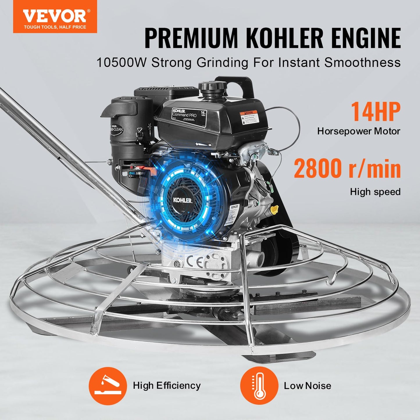 VEVOR Power Trowel 46 inch, 14HP Gas-Powered Smooth Concrete with Float Pan, Heavy Duty Commercial Screed Concrete Cement with Finishing Blade