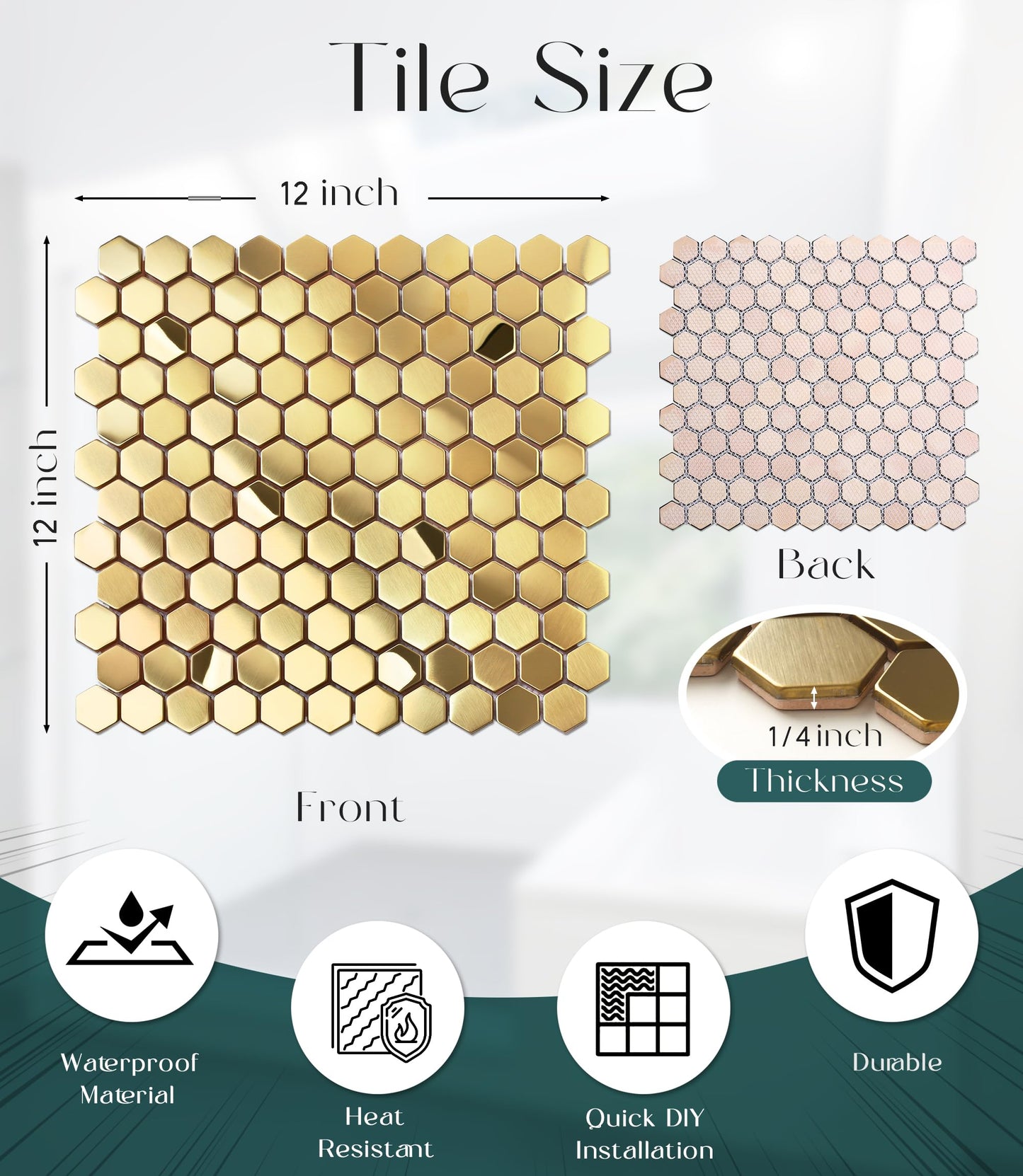 Primoon Hexagon Gold Backsplash Tile, Mosaic Sheets 12''x12'' Mesh Mounted Golden 1 Inch, Brushed Shiny Gold Tiles for Kitchen Bathroom Shower Wall Floor Accent Tile Hotel Lobby Décor【5 Sheets】