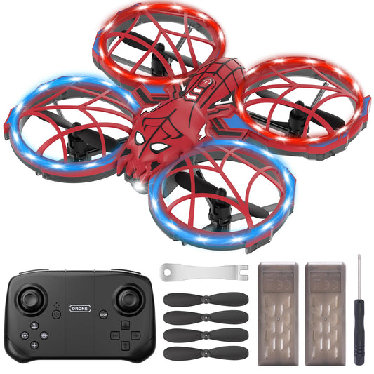 Spider Mini Drone for Kids with Altitude Hold and Headless Mode, 2 Batteries, Full Propeller Guards, 3 Lighting Effects, 360° Flips, 3 Speeds, Birthday Gifts Toys for Beginners Boys Girls