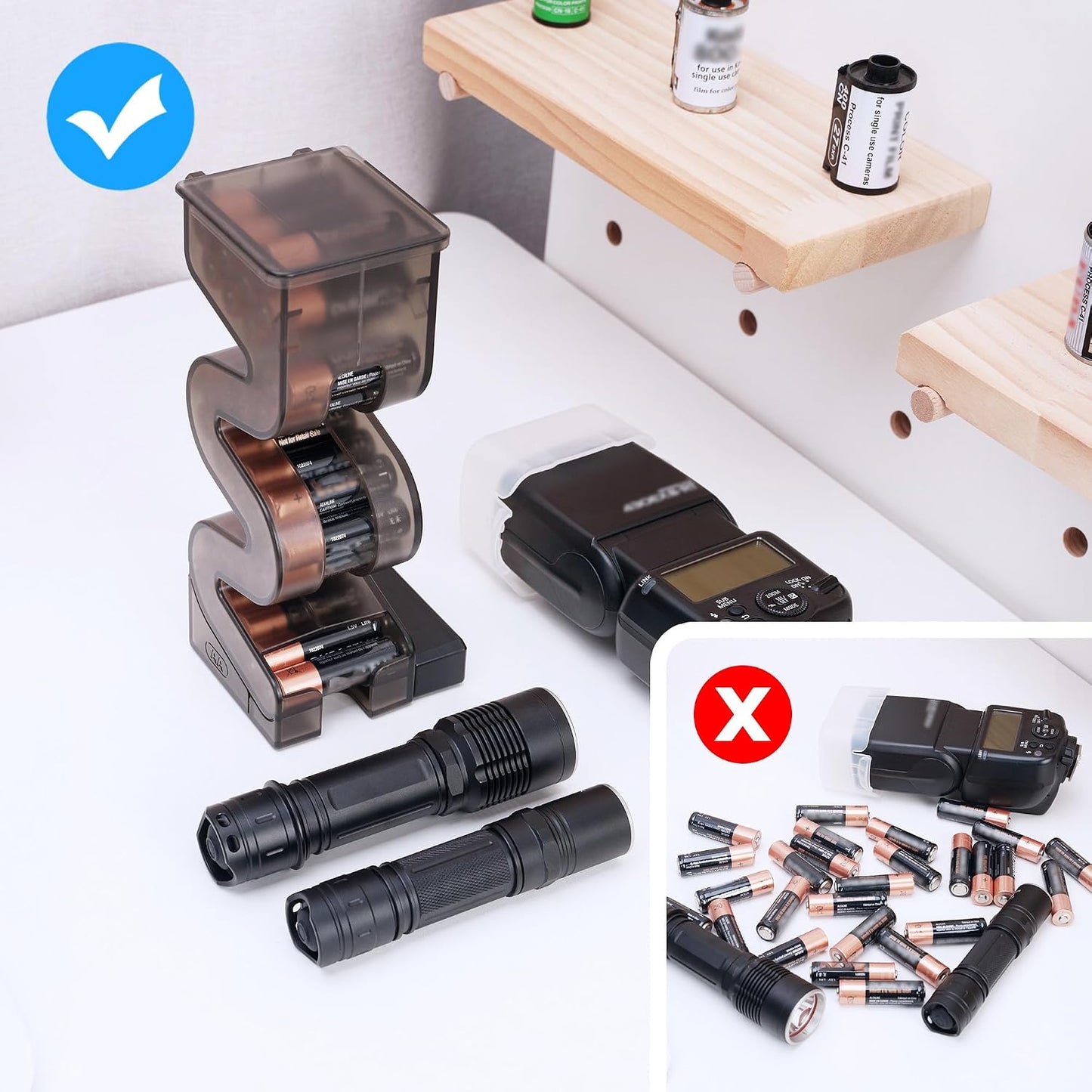 KIWIFOTOS 27 AA Battery Case Holder with Tester, Vertical Battery Organizer Dispenser for Kitchens, Home Offices