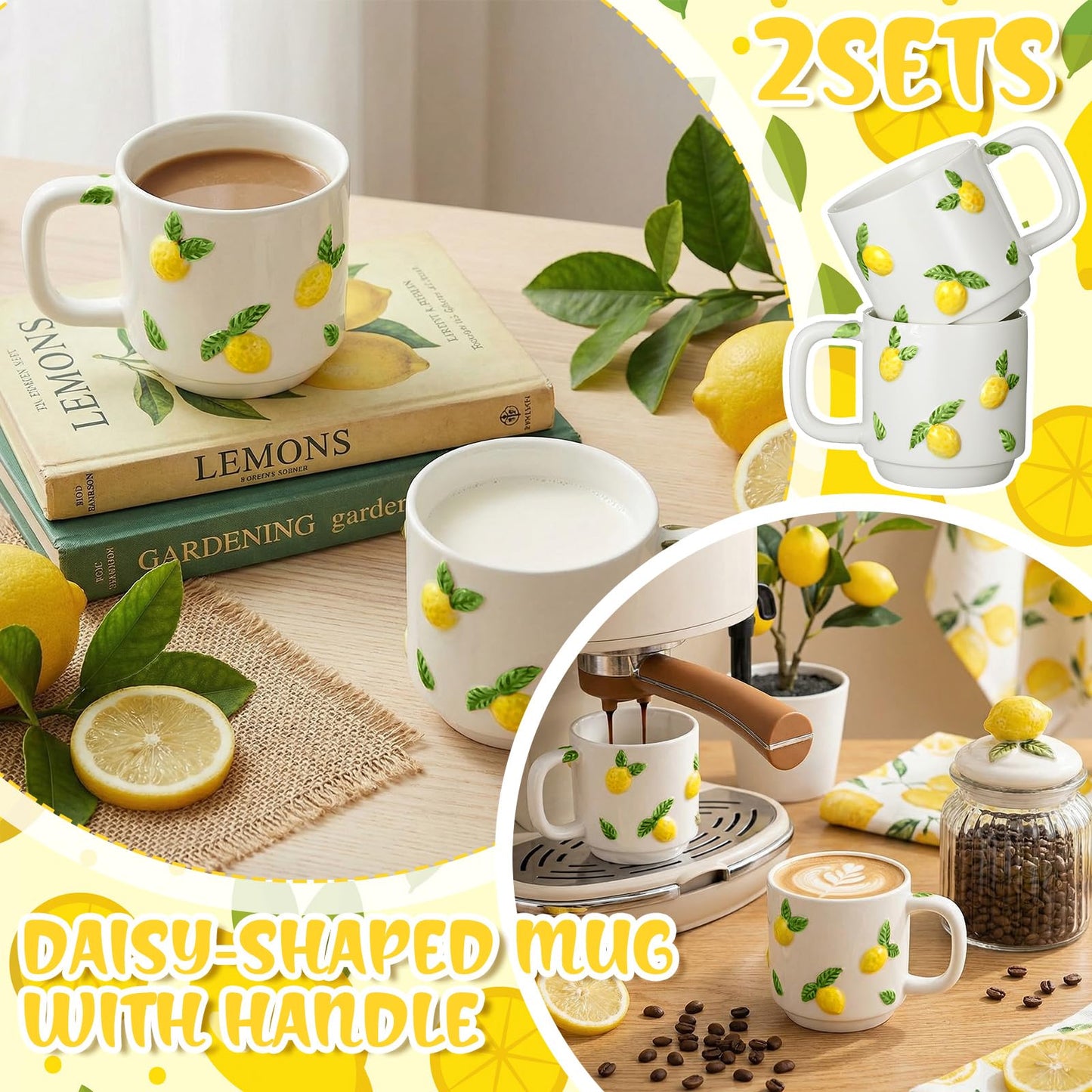 LemonRoad 2 Pcs Lemon Ceramic Coffee Mugs Handmade Pottery Coffee Cup 12 oz Stackable Cute Summer Mugs with Handle for Spring Summer Party Supplies Women Gifts