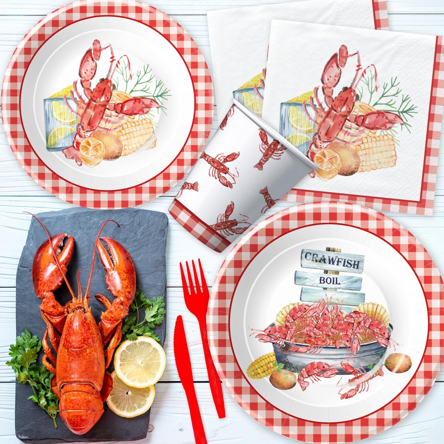 Xigejob Crawfish Boil Party Supplies, Lobster Crab Seafood Boil Party Decorations Tableware for Birthday Baby Shower, Paper Plate, Cup, Napkin, Tablecloth, Disposable Cutlery, Serves 24