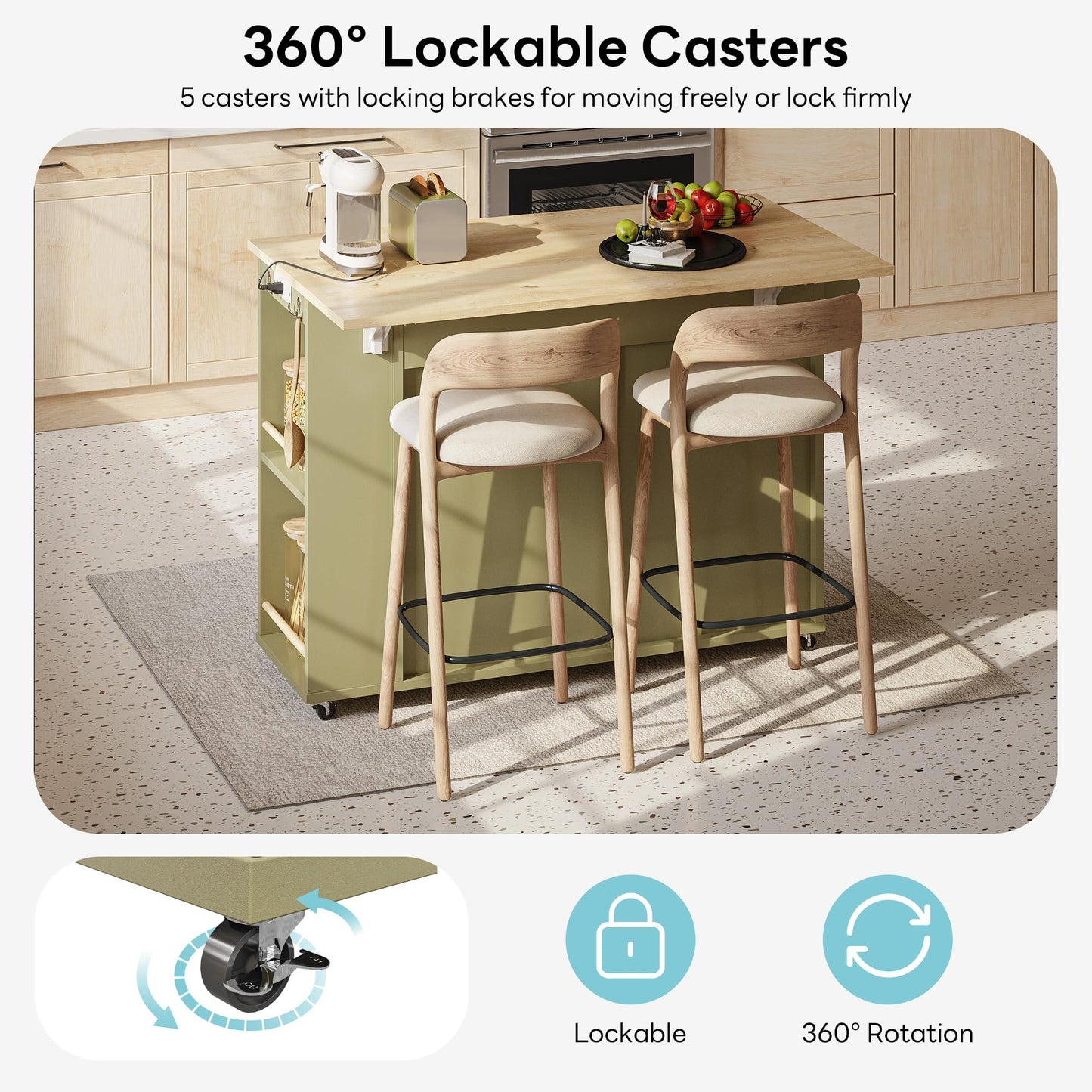 LIKIMIO Rolling Kitchen Island with Storage, 39.4" W Mobile Cart with Power Outlet & Drop Leaf Table, 2 Drawers, Removable 12 Grids, 3 Wine Racks, 360°Casters, Adjustable Shelf, Glass Door, Green