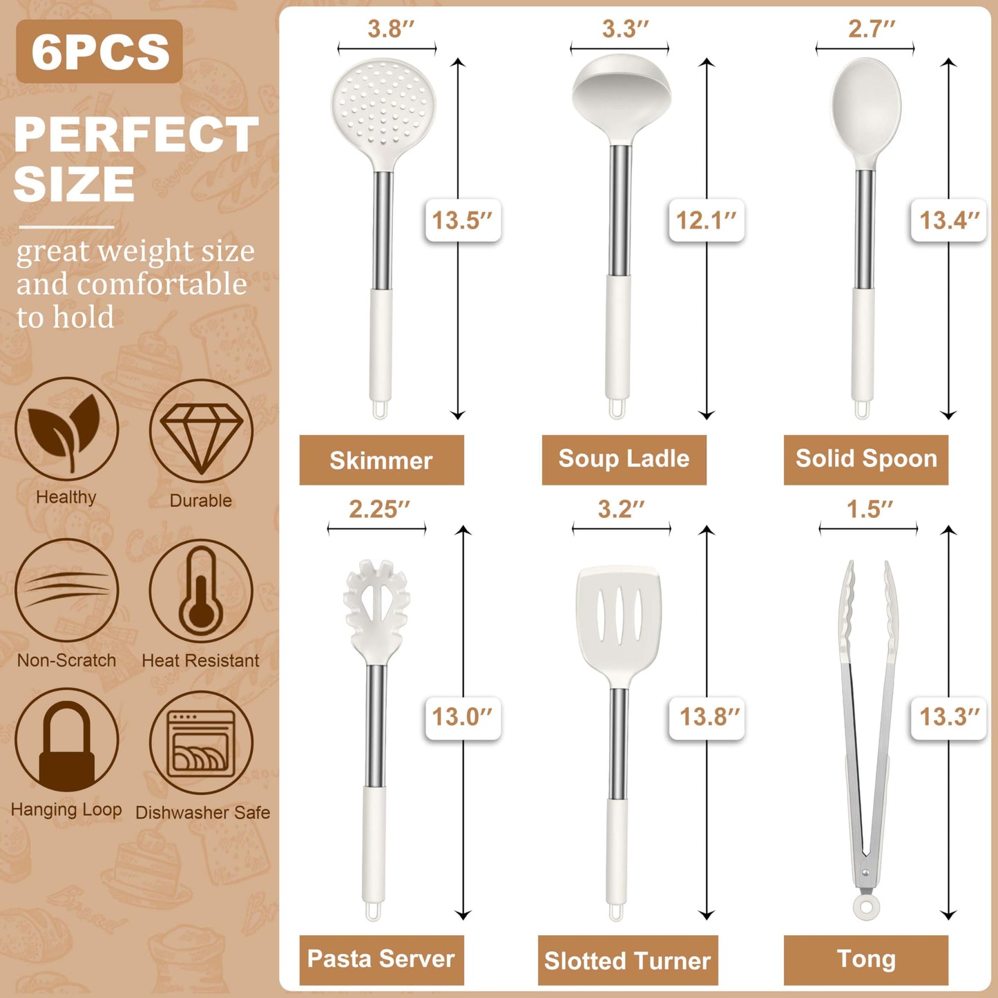 LIANYU Silicone Cooking Utensils Set, 6 Piece Kitchen Cooking Utensils Set, Heat Resistant Kitchen Spatula Gadgets Tools for Nonstick Cookware, Stainless Steel Handle, Dishwasher Safe, White