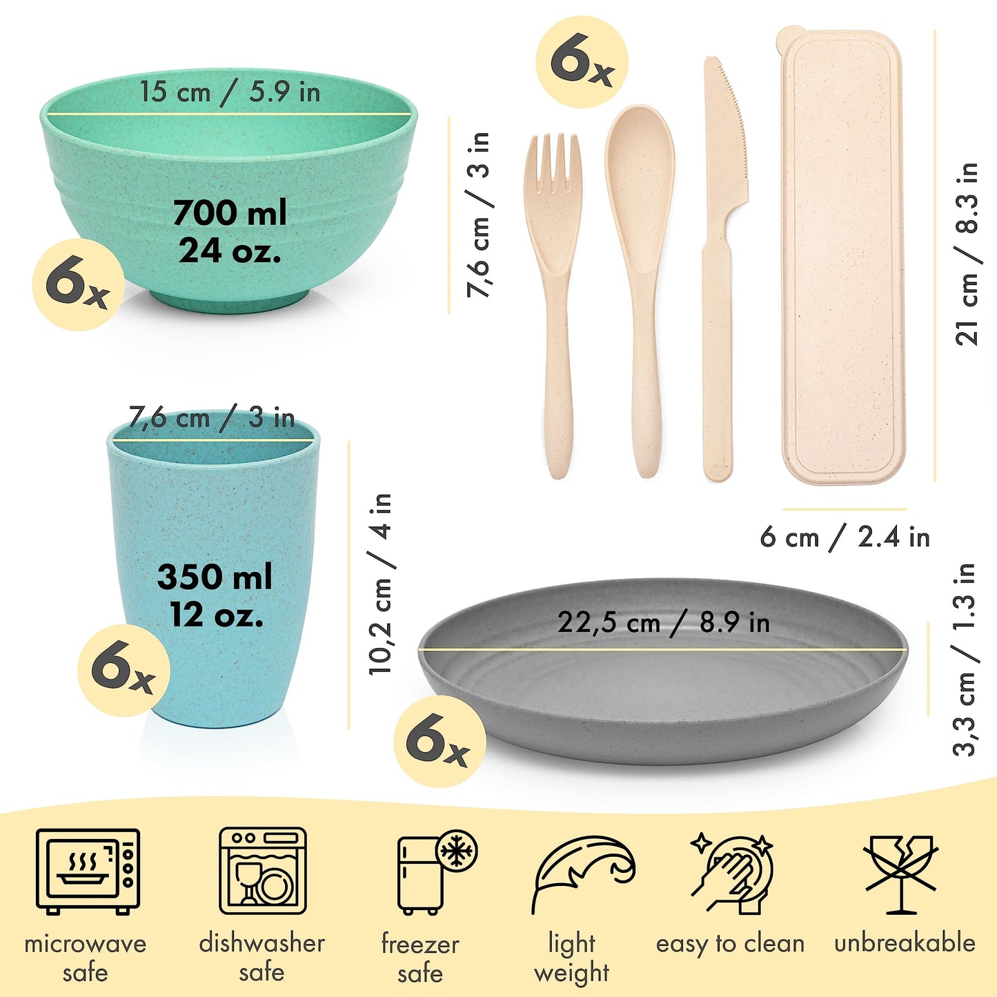 FOODLE Wheat Straw Dinnerware Set - BPA Free & Safety Certified - Microwave & Dishwasher Safe - Perfect for Kids, College Dorm, Picnic, Camper, RV Dishes - Camping Plates Cups and Bowls Set - For 6