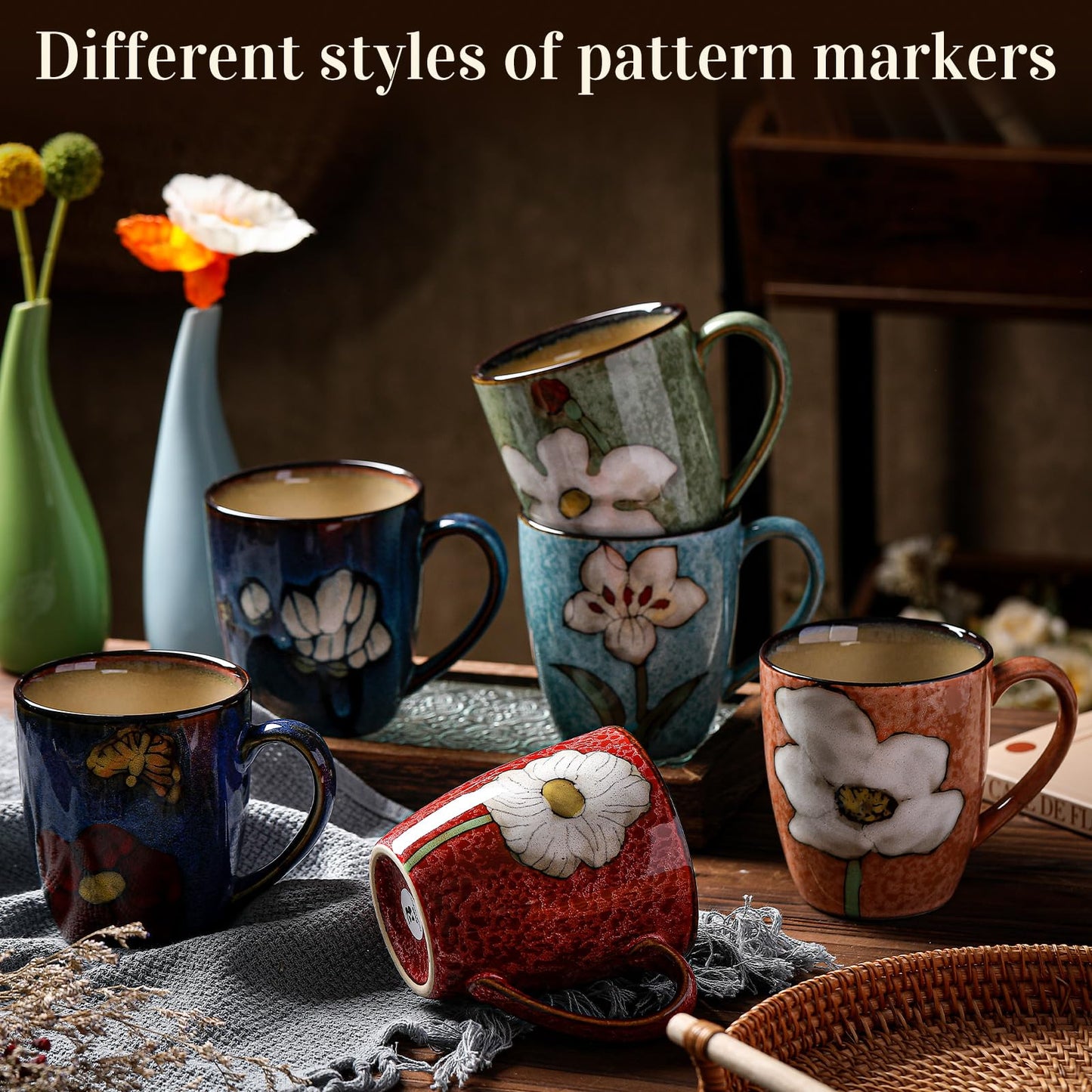 Maxdot 6 Pcs 12oz Ceramic Coffee Mugs Sets Glazing Process Cappuccino Mug Floral Ceramic Tea Cups Mother's Day Idea Gift for Women Mom Porcelain Cup for Coffee, Cocoa, Tea, Latte (Retro)