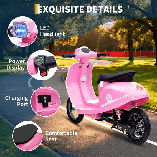 24V Moped Scooter for Kids - Electric Motorcycle for Kids - Electric Scooter with Seat for Children - Ride on Toy with LED Light for Girls