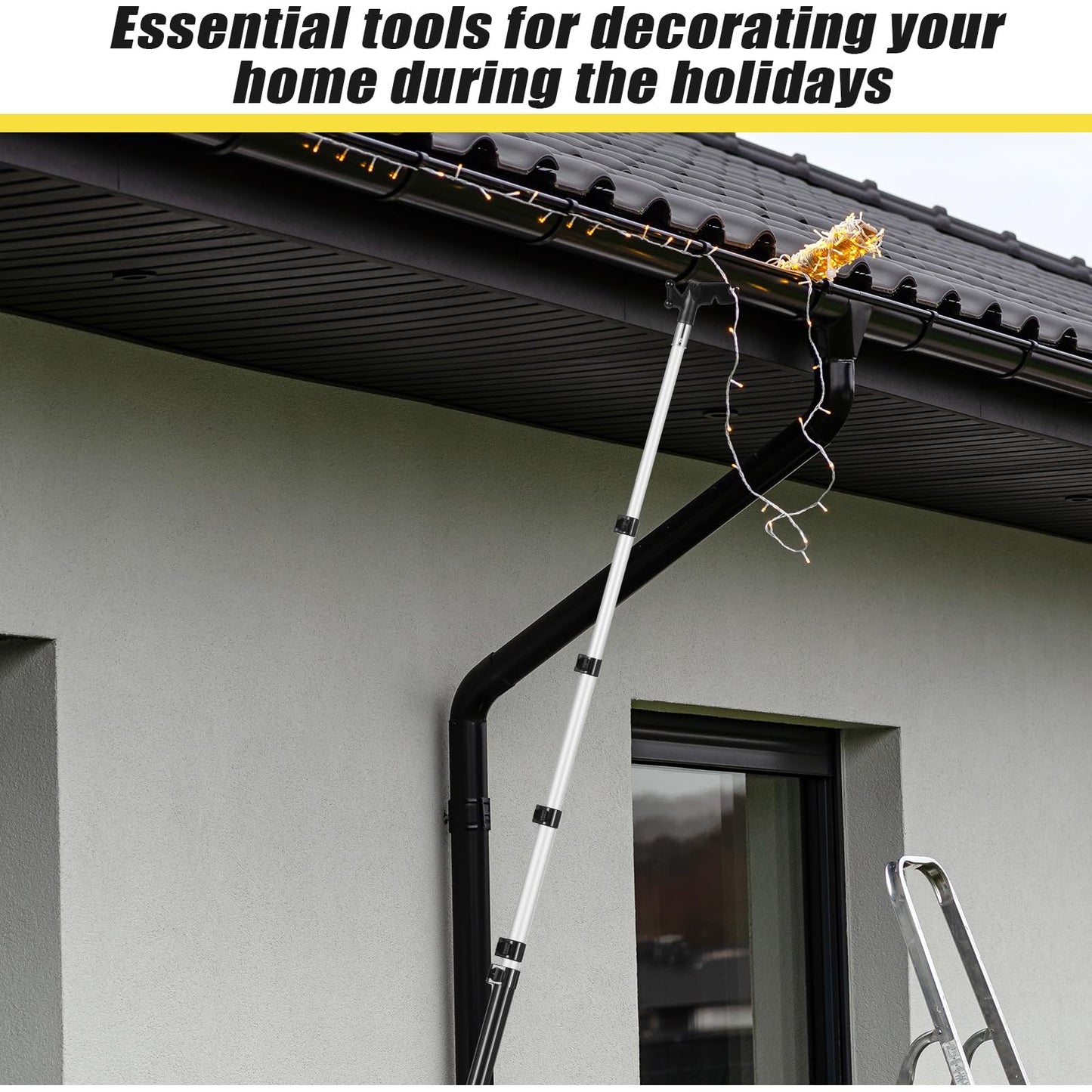 Leriton 7-36 ft Telescopic Extension Pole with Utility Hook, Multi-Purpose Aluminum Pole for Painting, Dusting and New Year Window Cleaning Christmas Lights Installation Without a Ladder (Black)