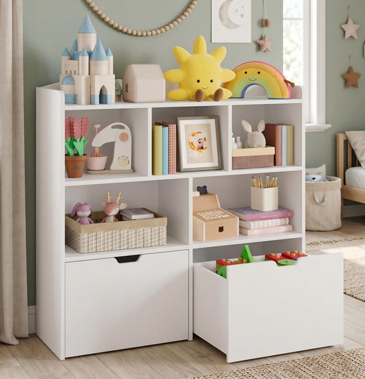 Garvee Toy Storage Organizer with Movable Drawers, Kids Bookshelf with Hidden Wheels & Open Cubbies, Multifunctional Floor Storage Chest for Playroom, White