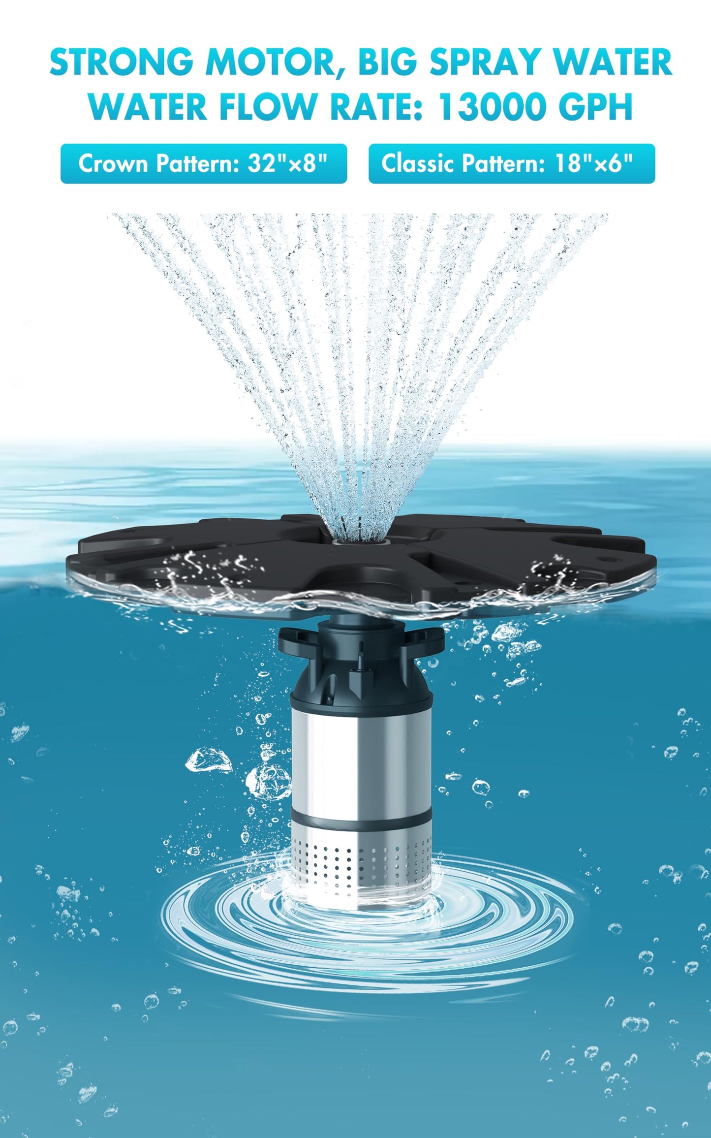 FS01 110V, 1 HP, Large Pond Floating Fountain with LED RGB Lights, Oil Free Pump 13000 GPH with 100’ Cord, Two Spray Patterns Included
