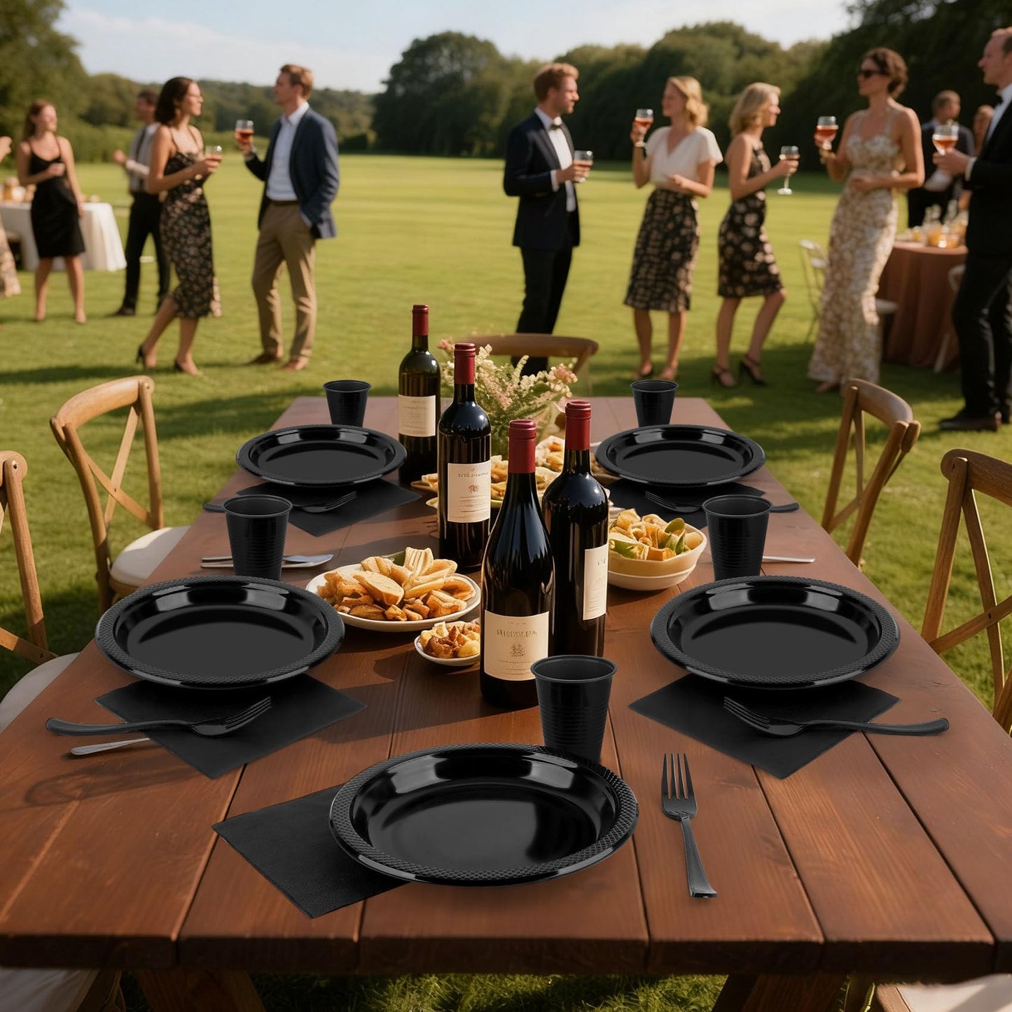 200pcs Black Plastic Party Plates Set, Disposable Black Plates and Napkins for Party, 50 Of Each 9" Dinner Plate, Napkins, Cups & Cutlery Plastic Dinnerware for Retirement, Graduation, Birthday, BBQ