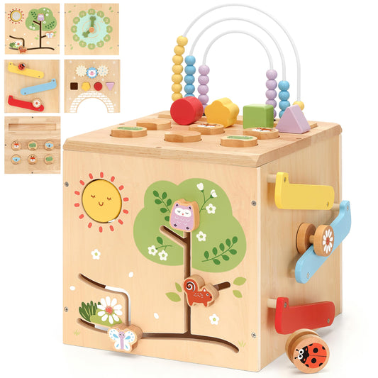 KizKnows Wooden Activity Cube 9-in-1 Montessori Busy Board Toy | Educational Sorting Play Center for 1+ Year Old Toddlers | First Birthday for Boys Girls