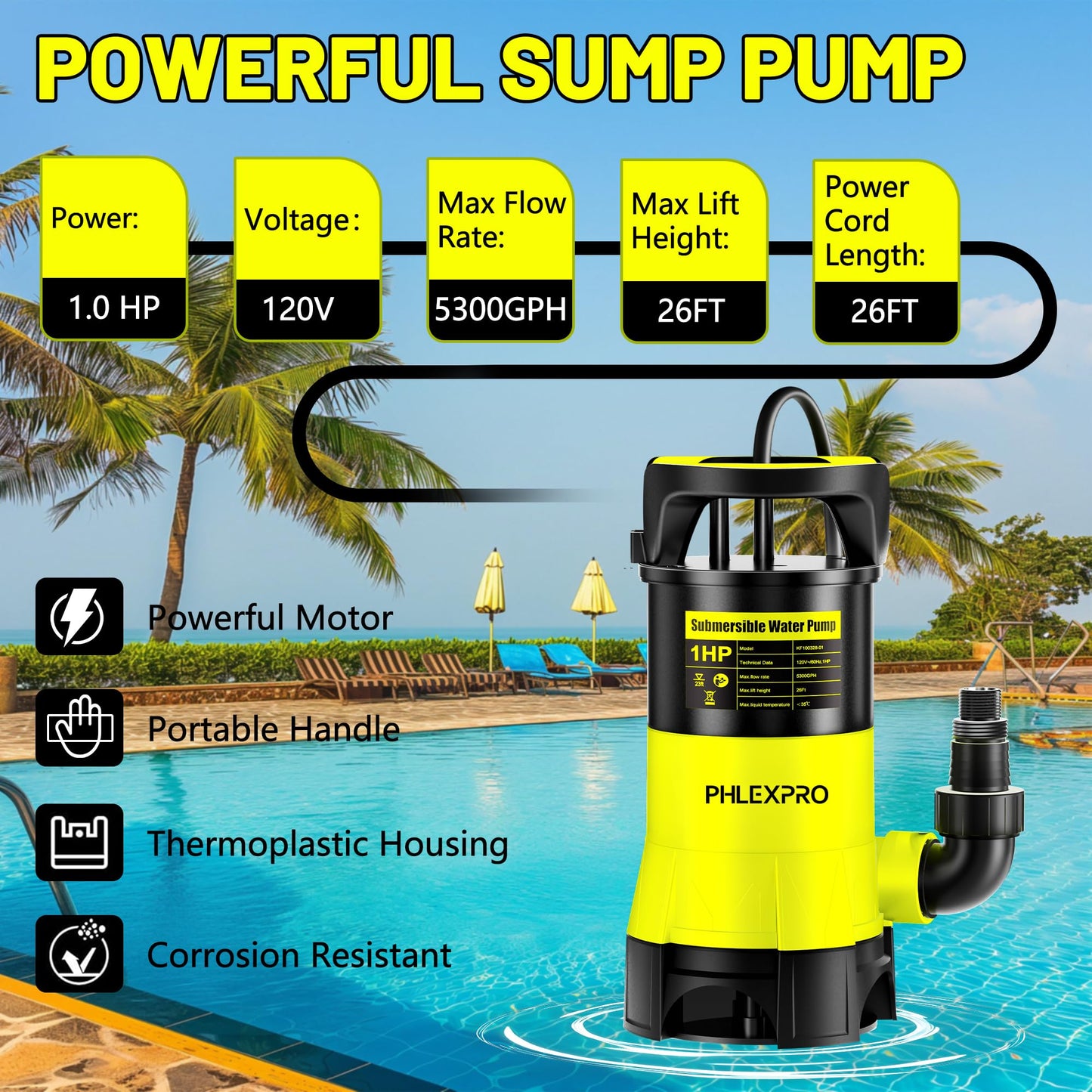 Submersible Water Pump 1HP 5300GPH High Flow Clean/Dirty Water Transfer Pump with Automatic Float Switch,26FT Long Cord,Sump Pump for Pool, Pond,Garden, Flooded Cellar, Aquarium and Irrigation