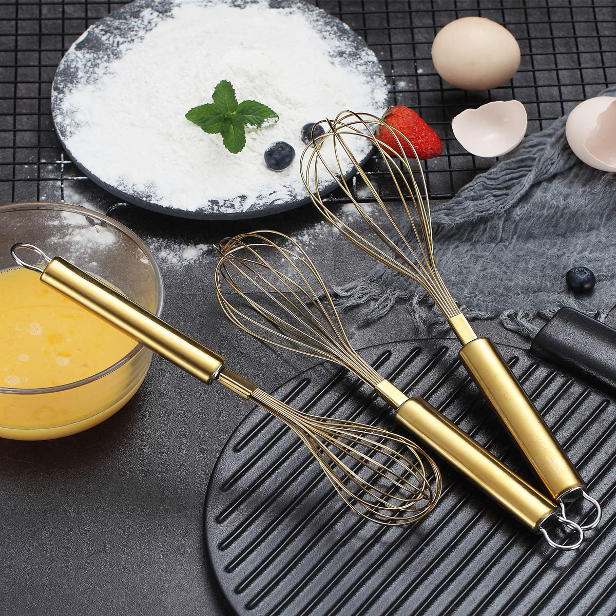 Berglander Gold Whisk Pack of 3 Stainless Steel 8",10",12", Titianium Plating Whisks for Cooking, Beater,Wire Whisk Set Kitchen Wisk (Gold)