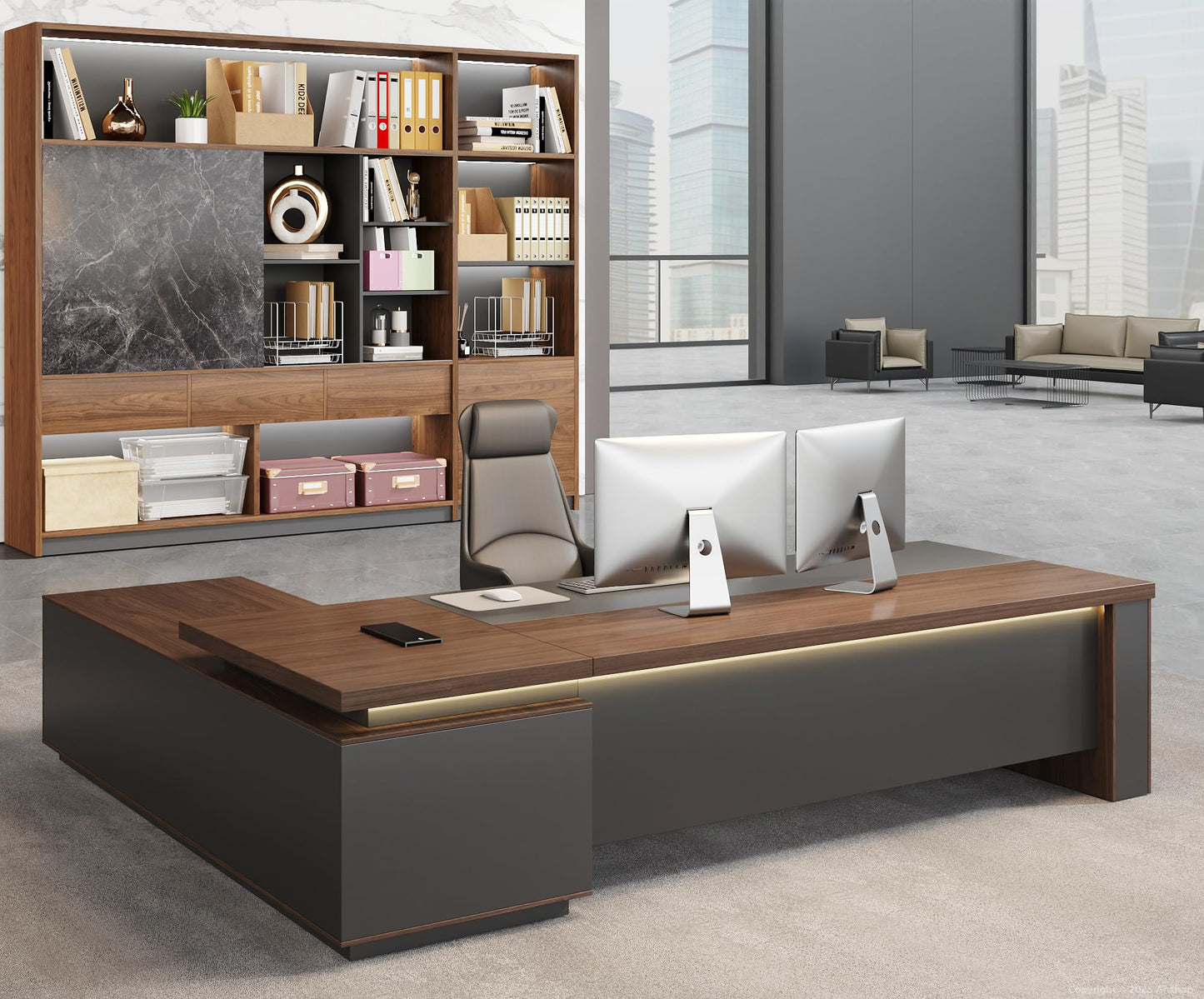 71" Reversible L-Shaped Executive Desk with Drawers – Large Office Computer Desk with Open Shelves, LED Lighting, Built-in Outlet & USB Ports for Home Office, Corporate, School (71"W x 63"D x 30"H)