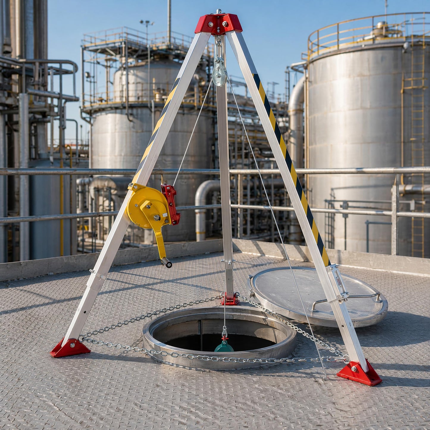 Fall Protection Equipment 1800lbs Confined Space Tripod Kit 98.43ft Steel Wire Rope Lifting Winch Adjustable Height 4.40-7.1FT Rescue Tripod System Aluminium Safety Device