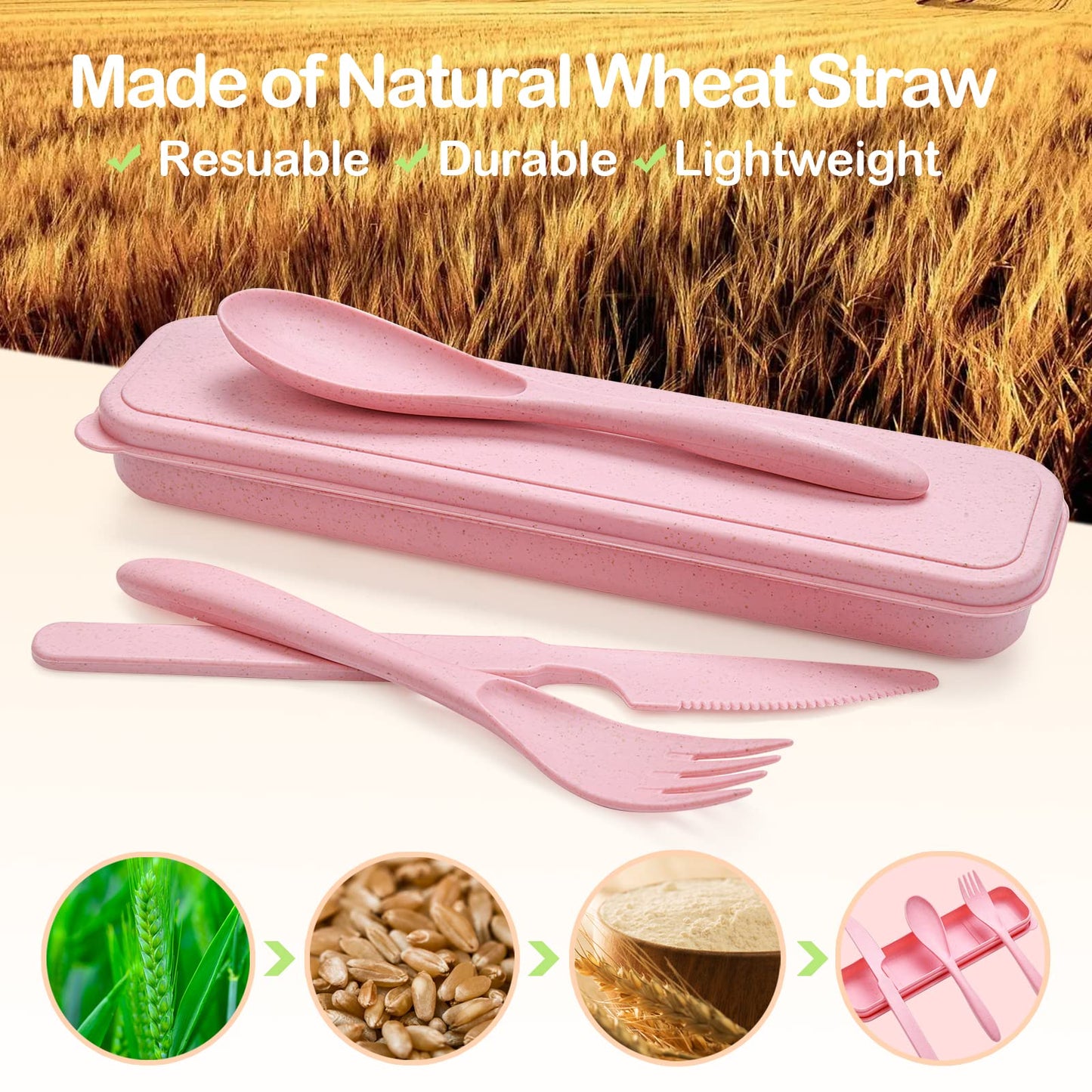 Reusable Travel Utensils Set with Case, 4 Sets Wheat Straw Portable Knife Fork Spoons Cutlery, Eco-Friendly BPA Free Plastic Tableware for Kids Adults Travel Picnic Camping Utensils