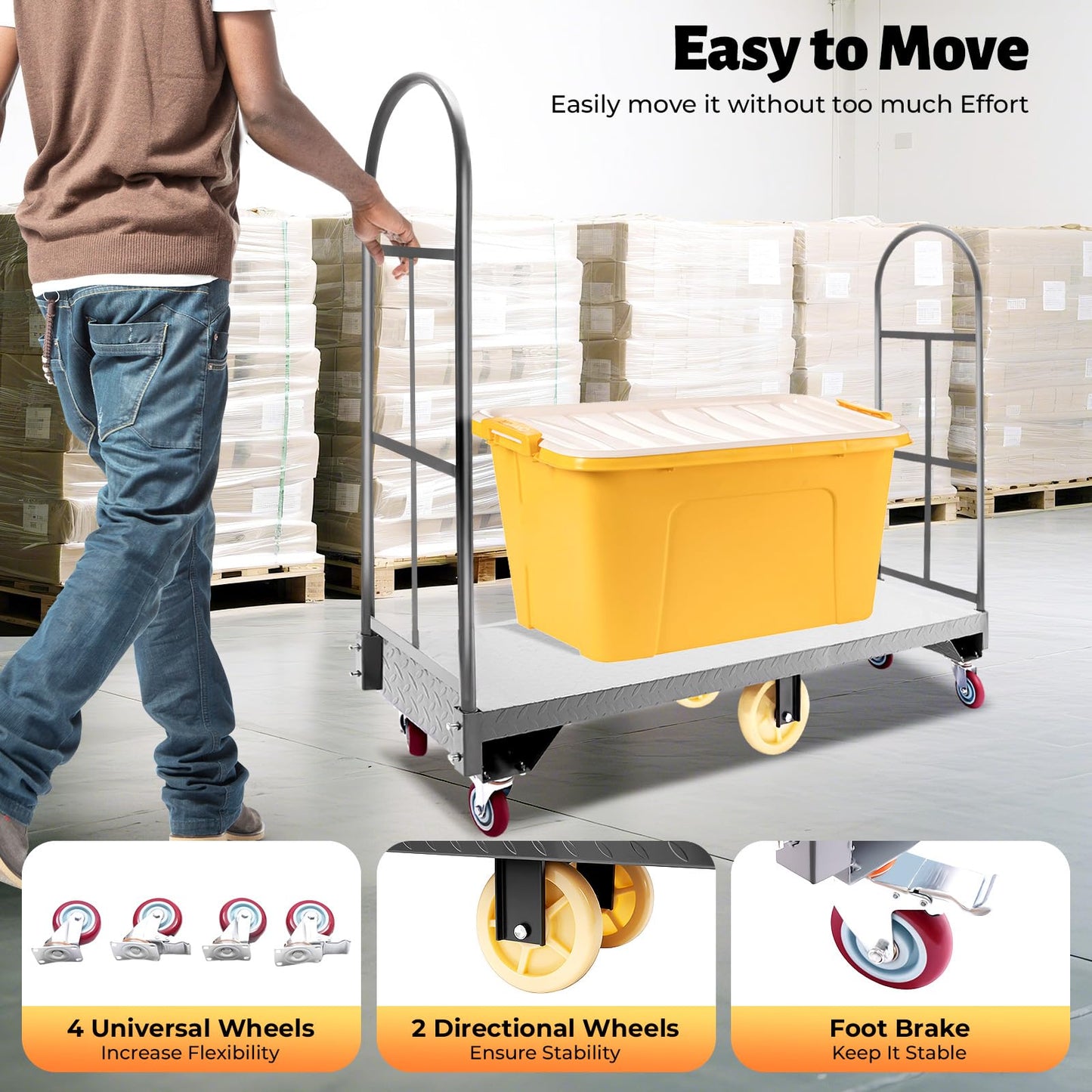 U-Boat Steel Platform Truck Cart, 64.6" x 15.7" Flatbed Push Cart with 6 Wheels, 2000 lbs Capacity & Removable Handles for Warehouse Garage Storage Heavy Load Transport