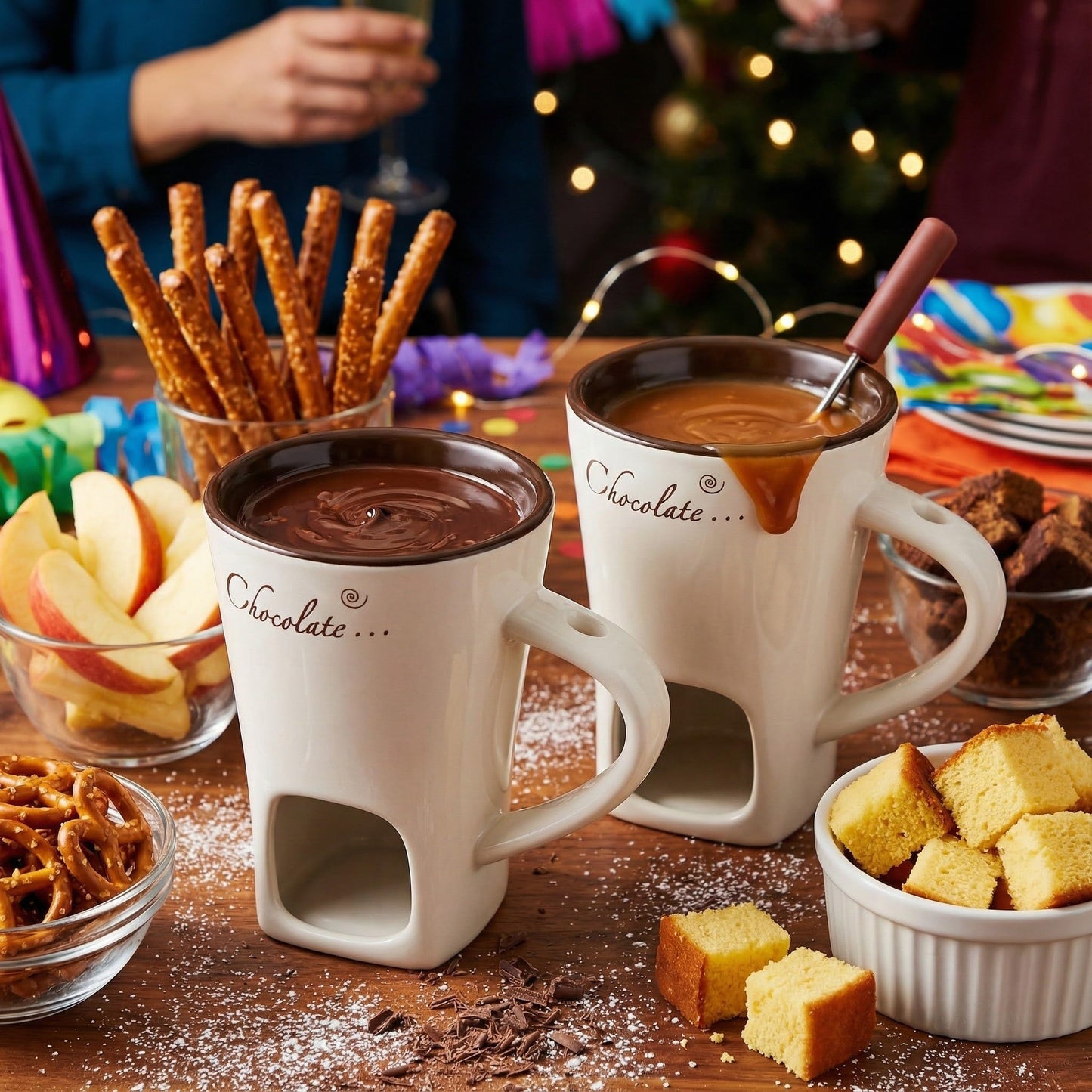 DECHOUS 2 Pack Fondue Mugs, Ceramic Chocolate Melting Cups with 2 Forks, Personal Fondue Mugs Set for Chocolate, Cheese, Butter, Ideal for Date Night, Birthday, Parties, Wedding Gift
