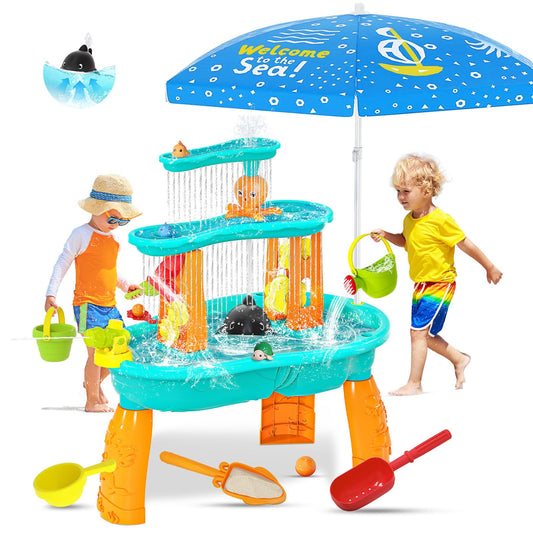 Handwell Toddler Water Table, Auto Water-Absorbing 3-Tier Kids Water and Sand Activity Table with Umbrella & 20PCS Water Toy Accessories, Outdoor Water Play Toys Sensory Playset Summer Gift for Age 3+