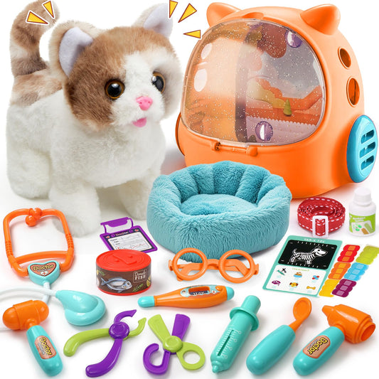 TUZT 17PCS Interactive Cat Toys for Kids, Toys for 3 4 5 6 7 8 Year Old Girls Kids Boys, Walking & Meowing Cat Toy with Sound, Veterinarian Playset for Toddlers, Idea Birthday Gifts for Little Girls