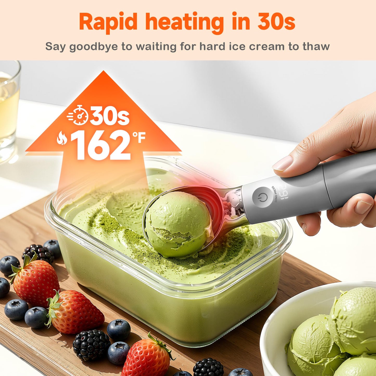Heated Ice Cream Scoop Rechargeable with Removable Battery, Electric Warming Scooper, 30s Rapid Heating to 162°F, 316 Stainless Steel, LED Display & IP67 Waterproof, Easy Clean for Hard Ice Cream