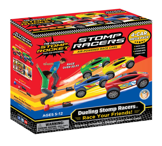 Stomp Racers Air Powered Race Cars by Stomp Rocket, 4 Car Mega Pack - Dueling Stomp Racers Toy Car Launcher - Fun Backyard Outdoor & Indoor Multi-Player Kids Toys Gifts for Boys, Girls & Toddlers