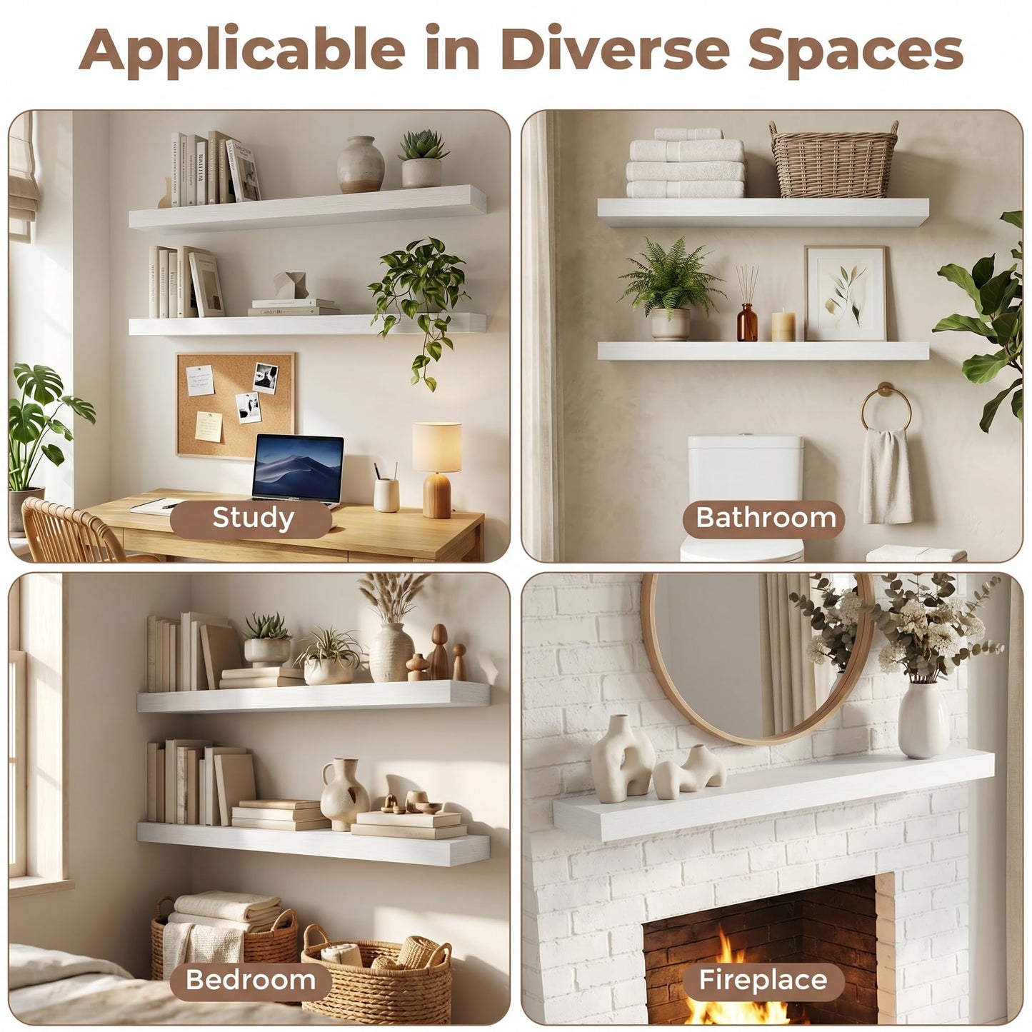 FLYJOE Floating Shelves for Wall, 40 Inch Floating Shelves Set of 2, 8" D Wooden Wall Mounted Display Shelves with Invisible Brackets for Living Room, Bedroom, Bathroom, Kitchen Decor, White