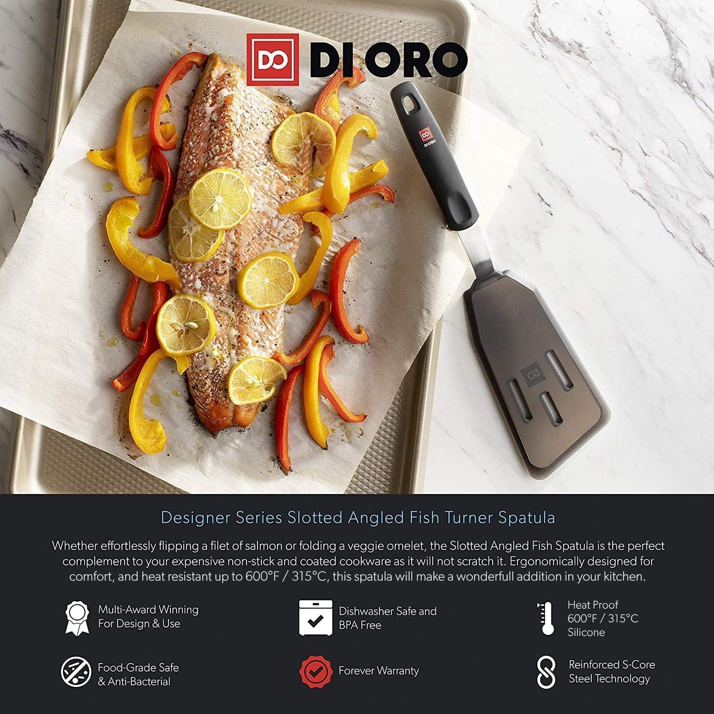 DI ORO Silicone Fish Spatula - for Nonstick Cookware - Fish Turner Spatula 600°F Heat-Resistant BPA Free - Slotted for Cooking - Non Stick Thin Egg Flipper (Black)