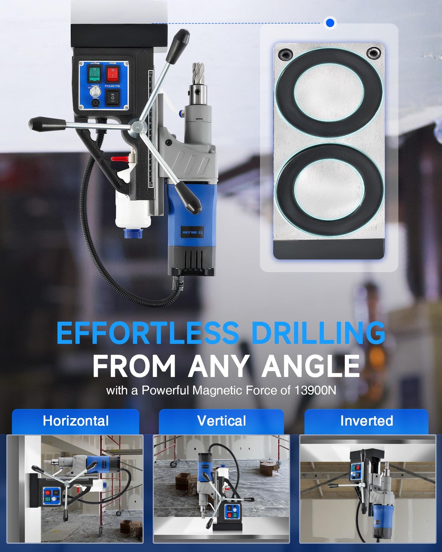 ZELCAN Mag Drill Press with 6 Drill Bits, 1550W Portable Magnetic Press with 2" Boring Diameter, 0-580 rpm Stepless Speed & Reversible Direction, 2922 lbf Power Magnetic