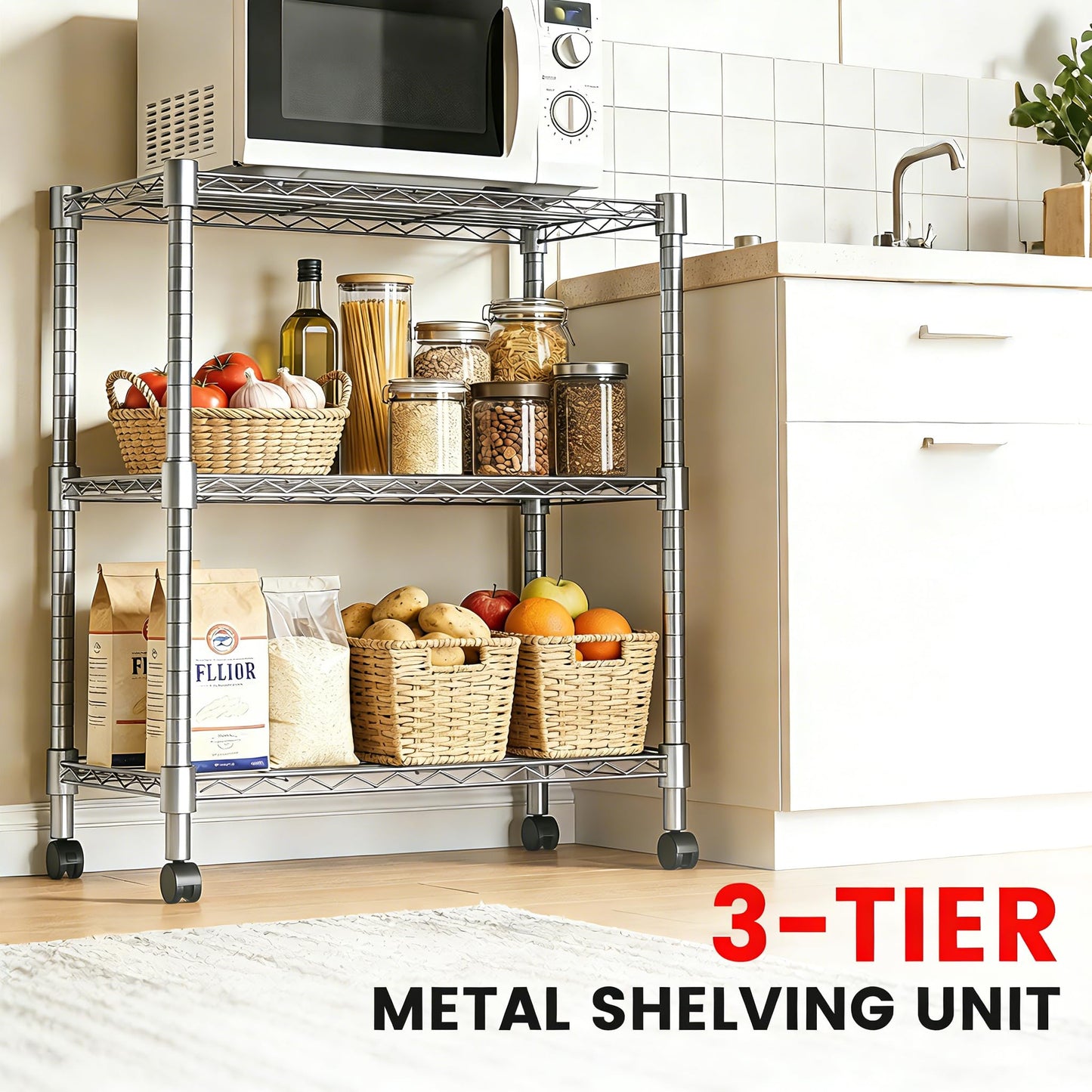 Xcity Storage Shelves, 3 Tier Heavy Duty Metal Shelving Unit with Wheels, 1050 LBS Adjustable Steel Wire Shelf for Commercial, Pantry, Kitchen, Garage, 14" D x 24" W x 30" H, Chrome