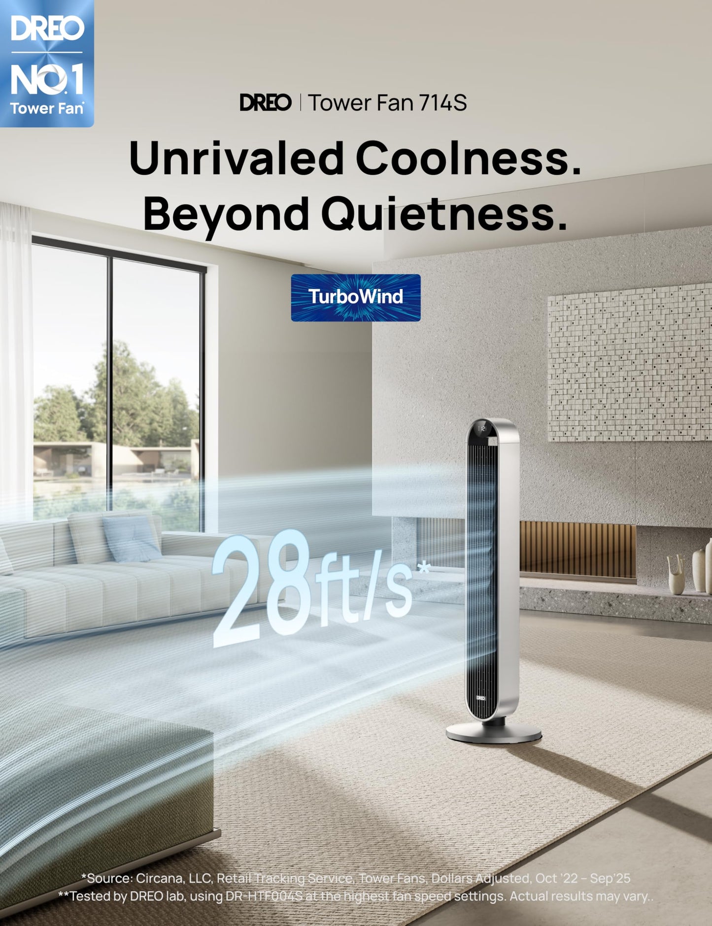 DREO Tower Fan for Bedroom, 42 Inch 120° Oscillating Fan, 20dB Quiet DC Motor, 28ft/s Velocity Bladeless Standing Fan with 12 Speeds, 4 Modes, 12H Timer Cooling Fans for Home, Living Room