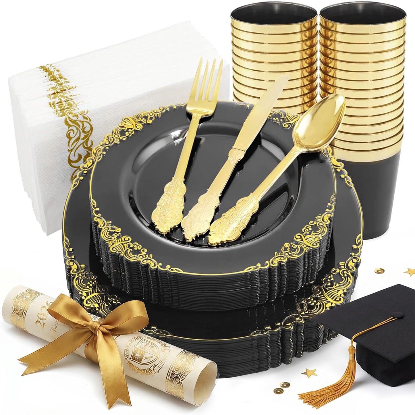 Nervure 175pcs Clear Black Plastic Plates - Gold Plastic Dinnerware Set for 25 Guests include 50 Disposable Plates,75 Gold Silverware,25 Cups,25 Napkins Perfect for Party&Independence Day