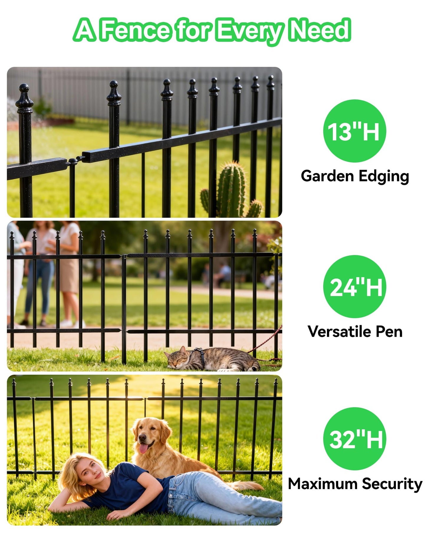 12-Panel Wrought Iron Garden Fence, 24in H x 24ft L, Thickened Hollow Iron Tubes, Multi-Purpose Metal Fence for Dogs, Gardens & Patio