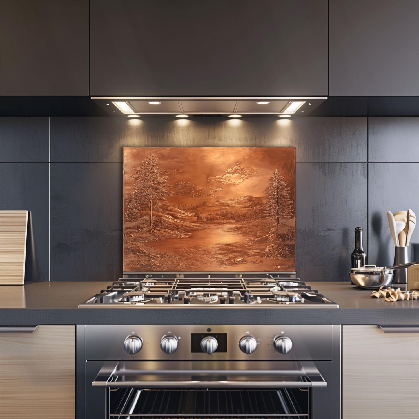 Mythog Glass Backsplash for Kitchen, Mountain Copper Look Glass Kitchen Backsplash, Rustic Stove Backsplash, Stove Behid Splashback Glass, Custom Kitchen Backsplash