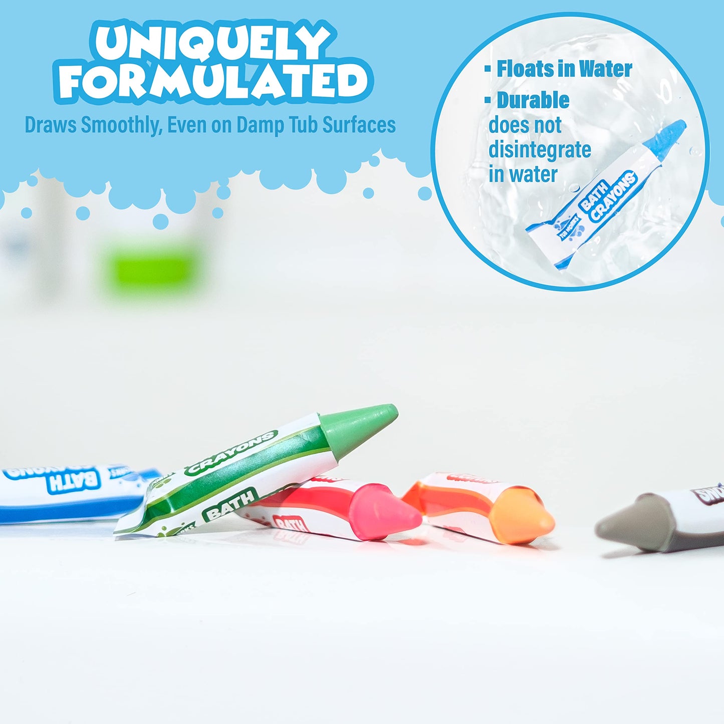 Tub Works® Smooth™ Bath Crayons Bath Toy, 12 Pack | Nontoxic, Washable Bath Crayons for Toddlers & Kids | Unique Formula Draws Smoothly & Vividly on Wet & Dry Tub Walls | Hexagon Grip Bathtub Crayons
