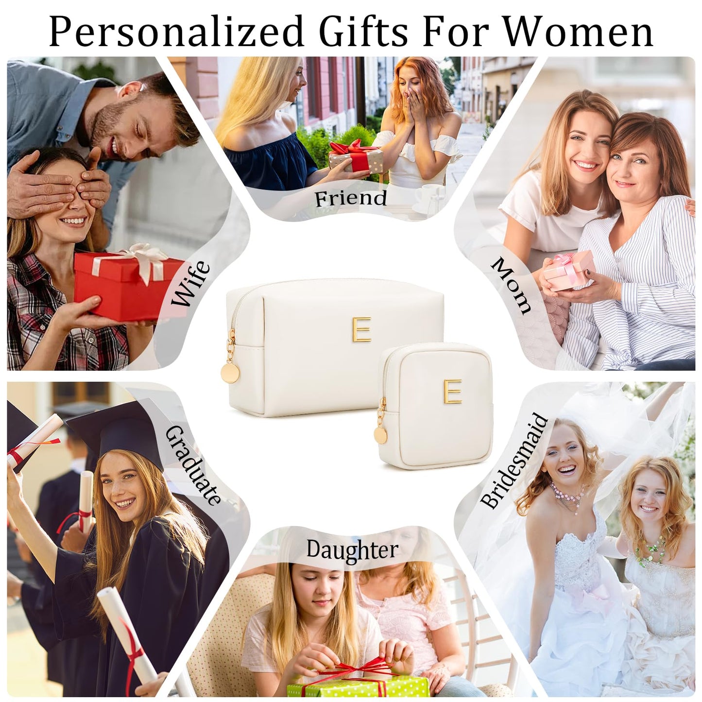 CLOUDWINGS Personalized Birthday Gifts for Women - Initial Makeup Bag Set Travel Toiletry Bag Cosmetic Bags Soft Waterproof PU Leather Makeup Pouch Travel Essentials (E, 2pcs Beige)