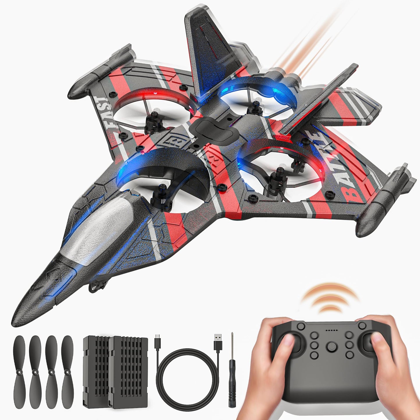 BEZGAR Drones for Kids | 2.4GHZ RC Plane | Remote Control Airplane, RC Helicopter, 360° Flip Fighter Jet Toy, Toys for ages 8-13 with Colorful LED Navigation Lights Red